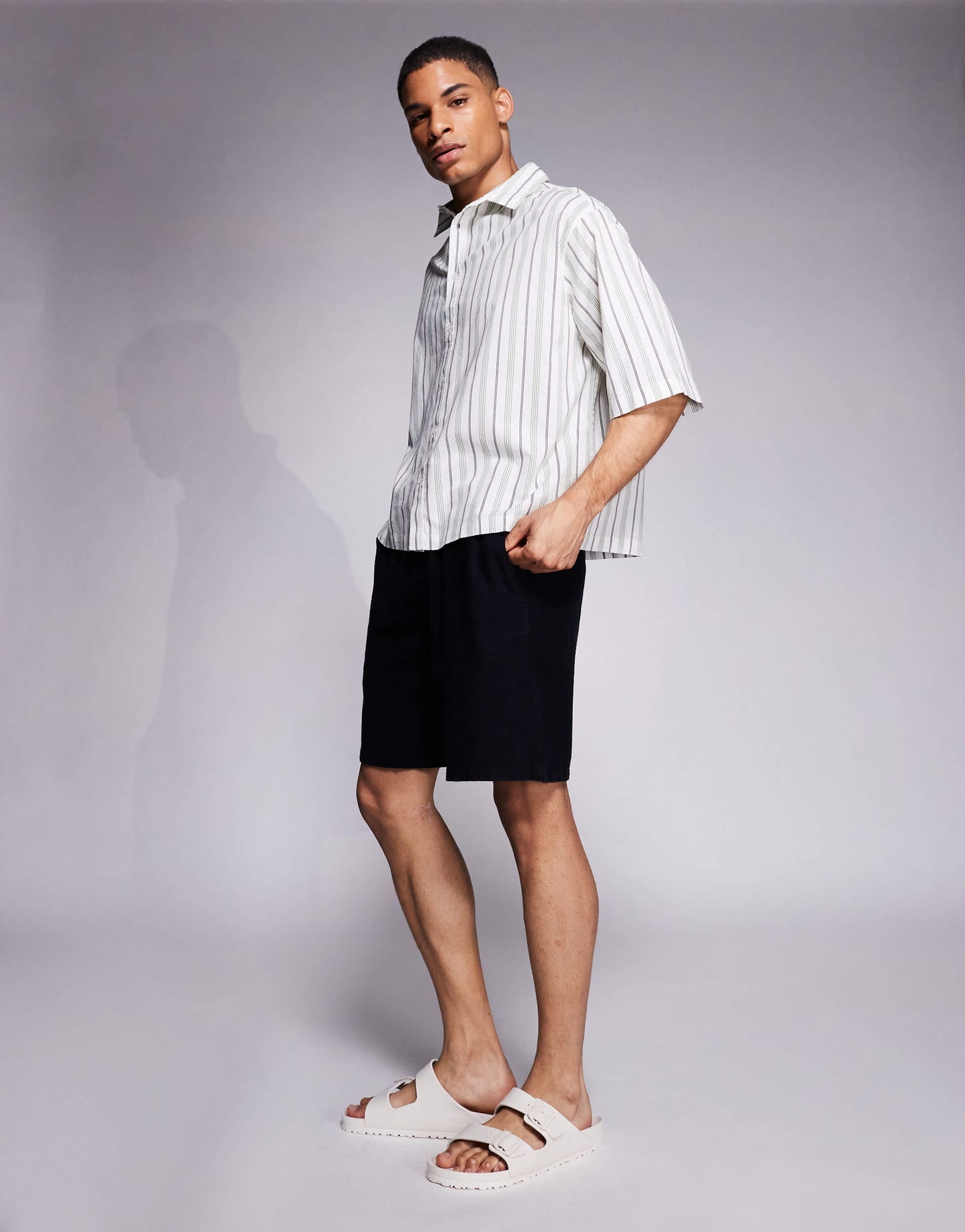 ASOS DESIGN boxy regular shirt in white and green stripe