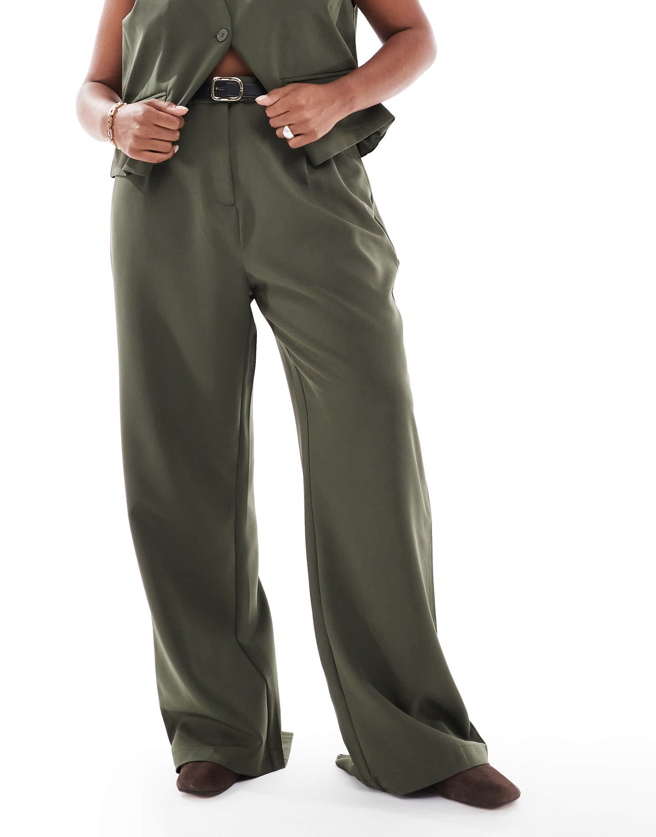 Pieces Curve tailored multiway button leg trouser co-ord in khaki
