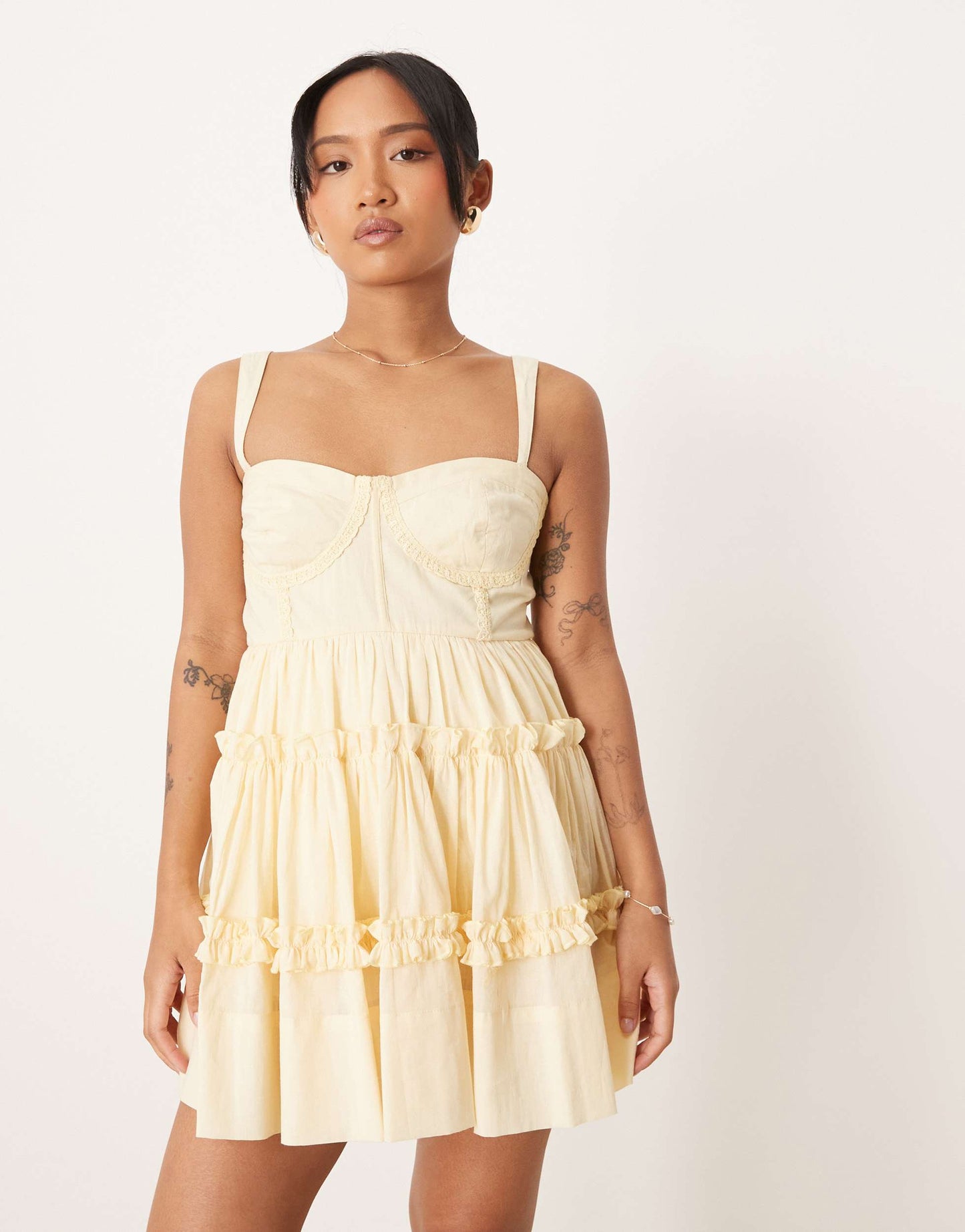 Lace & Beads Petite cotton corset ruffle mini dress in lemon