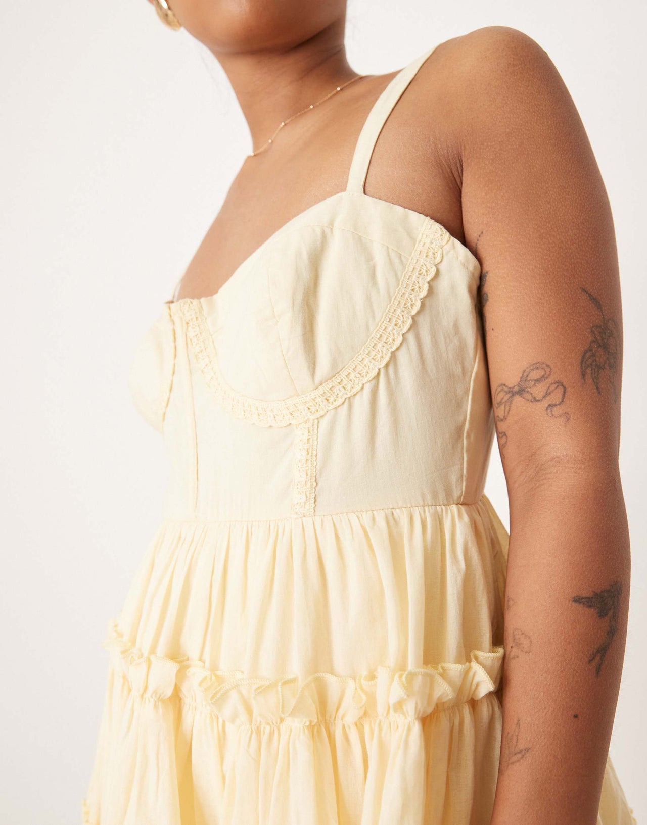Lace & Beads Petite cotton corset ruffle mini dress in lemon