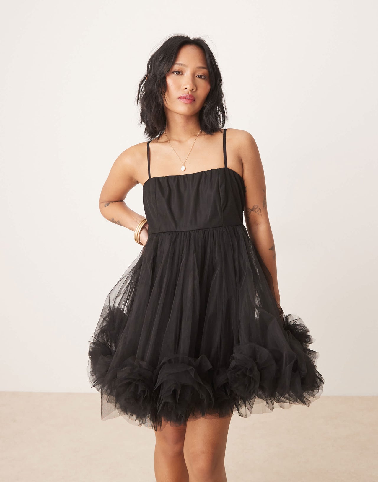 Lace & Beads Petite bubble hem babydoll micro mini dress in black