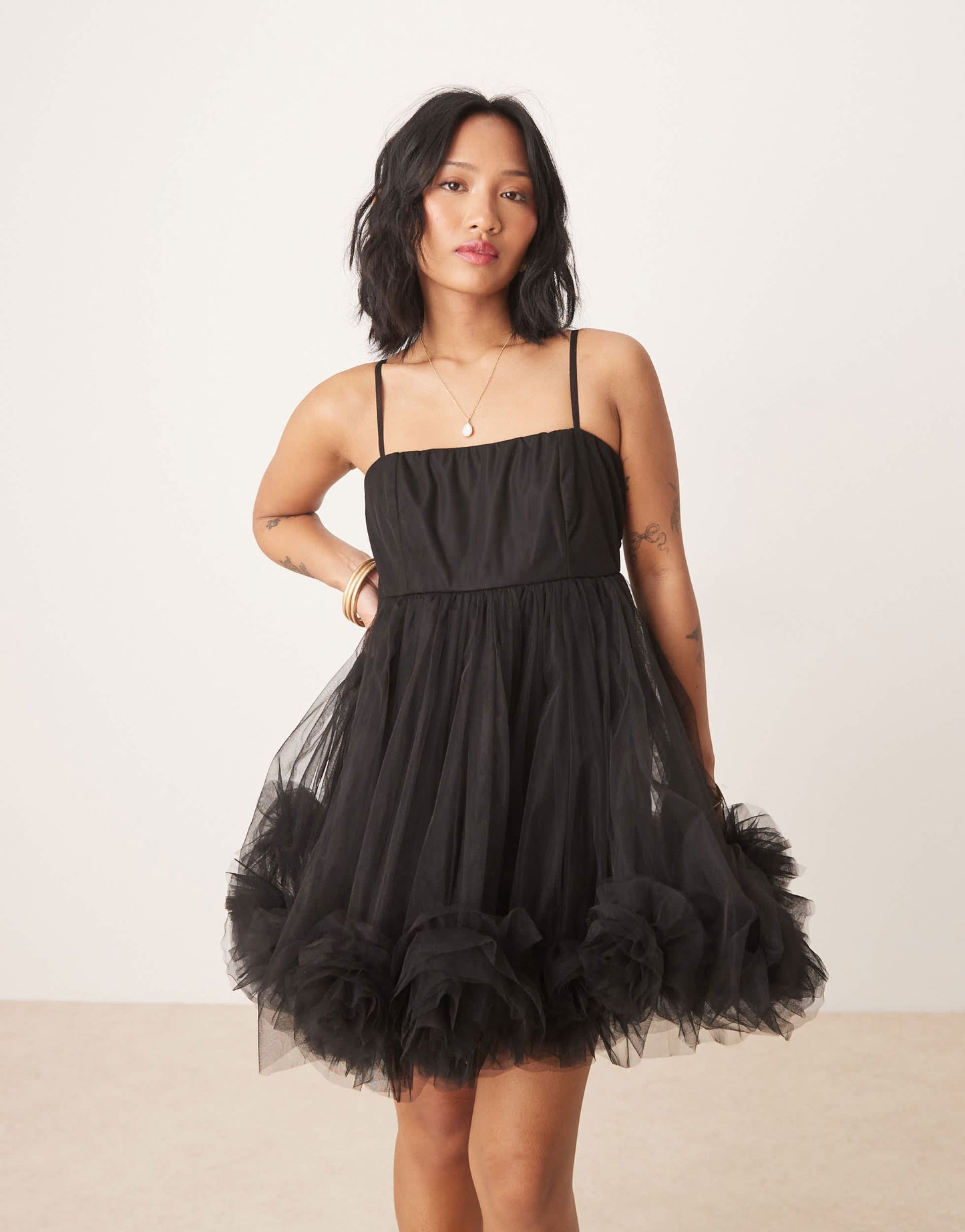 Lace & Beads Petite bubble hem babydoll micro mini dress in black