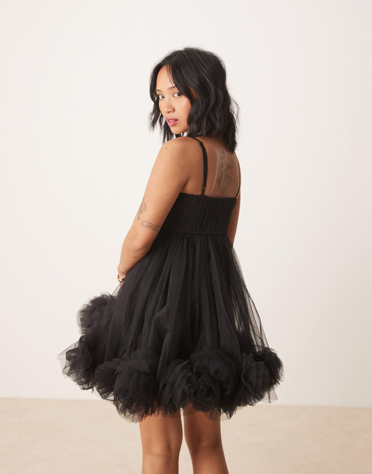 Lace & Beads Petite bubble hem babydoll micro mini dress in black