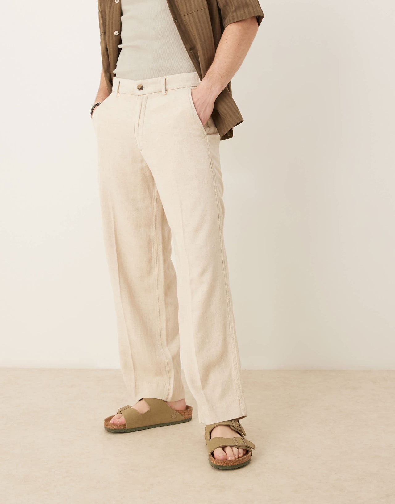 Abercrombie & Fitch baggy linen blend trouser in beige