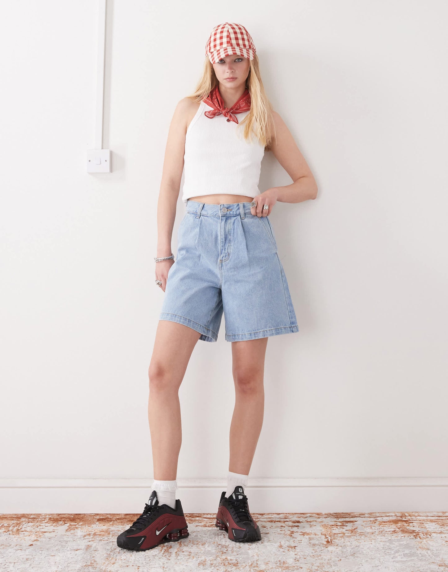 Obey Eli denim pleated shorts in light wash blue