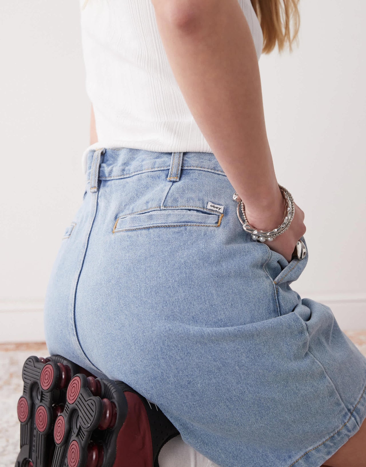 Obey Eli denim pleated shorts in light wash blue