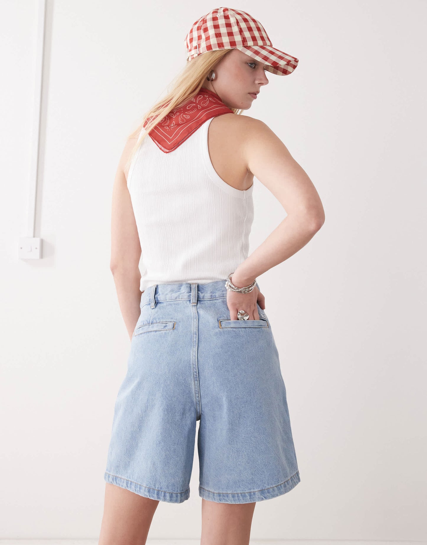 Obey Eli denim pleated shorts in light wash blue