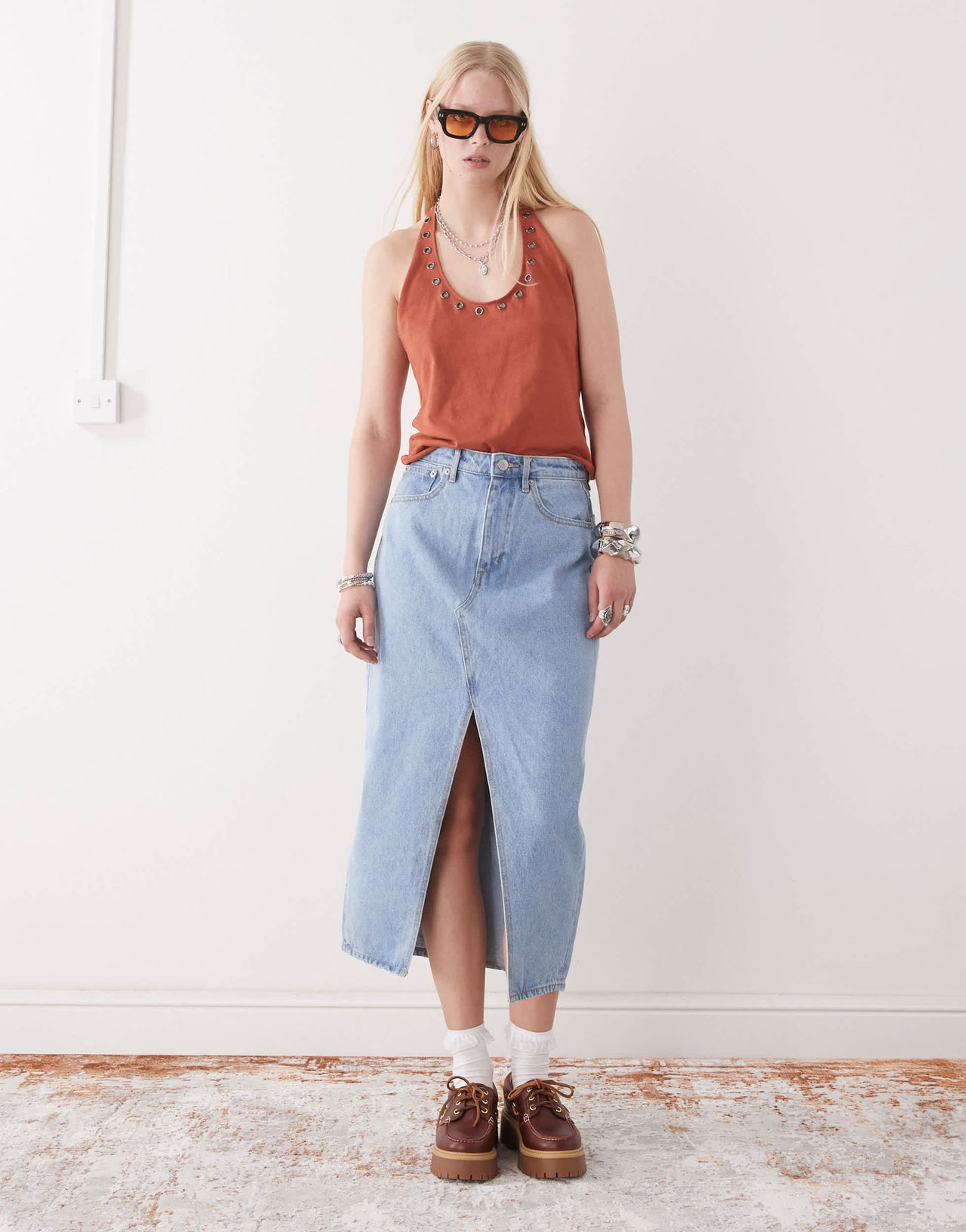 Obey Simplex denim midi skirt with front slit in light wash blue