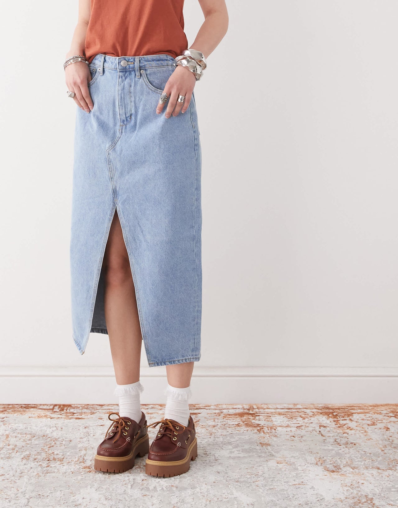 Obey Simplex denim midi skirt with front slit in light wash blue