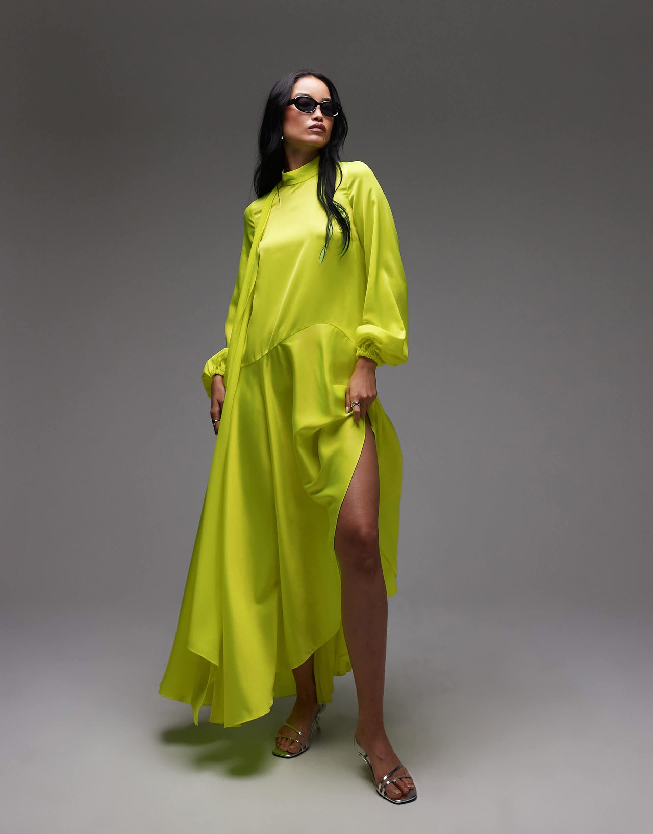 ASOS ARCHIVE satin maxi dress with dropped waist and scarf detail in lime