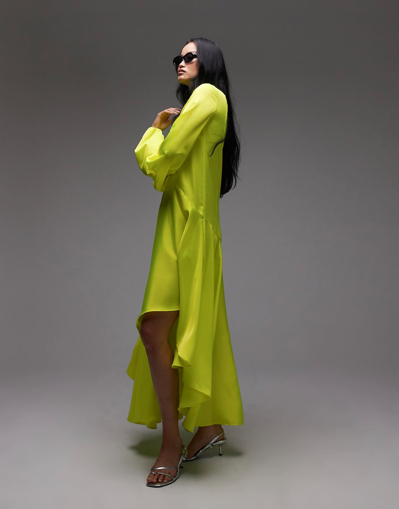 ASOS ARCHIVE satin maxi dress with dropped waist and scarf detail in lime