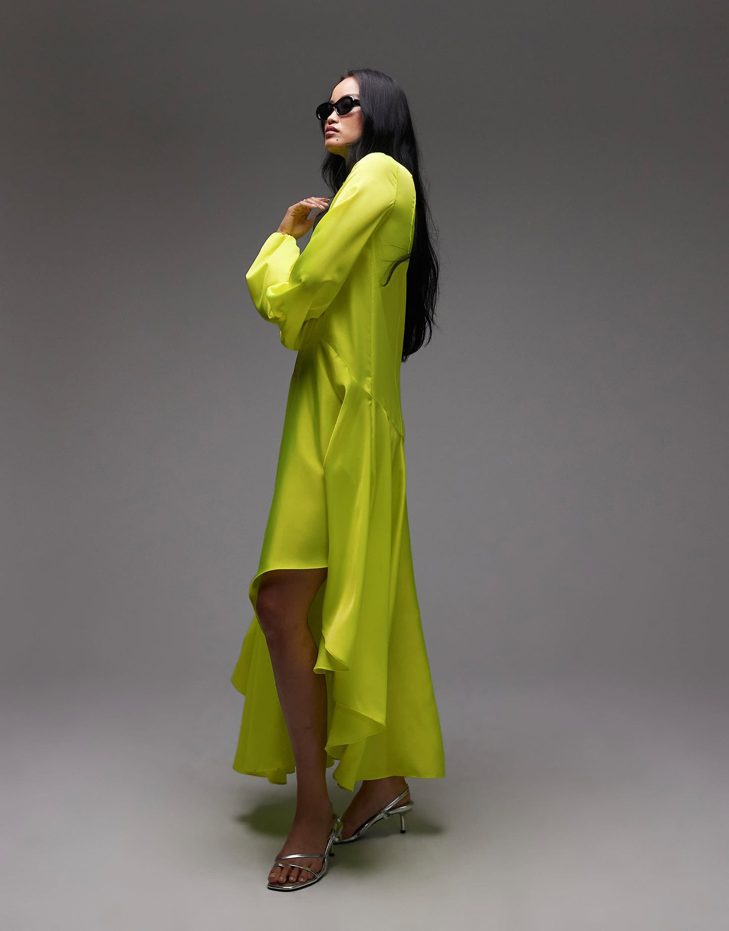 ASOS ARCHIVE satin maxi dress with dropped waist and scarf detail in lime