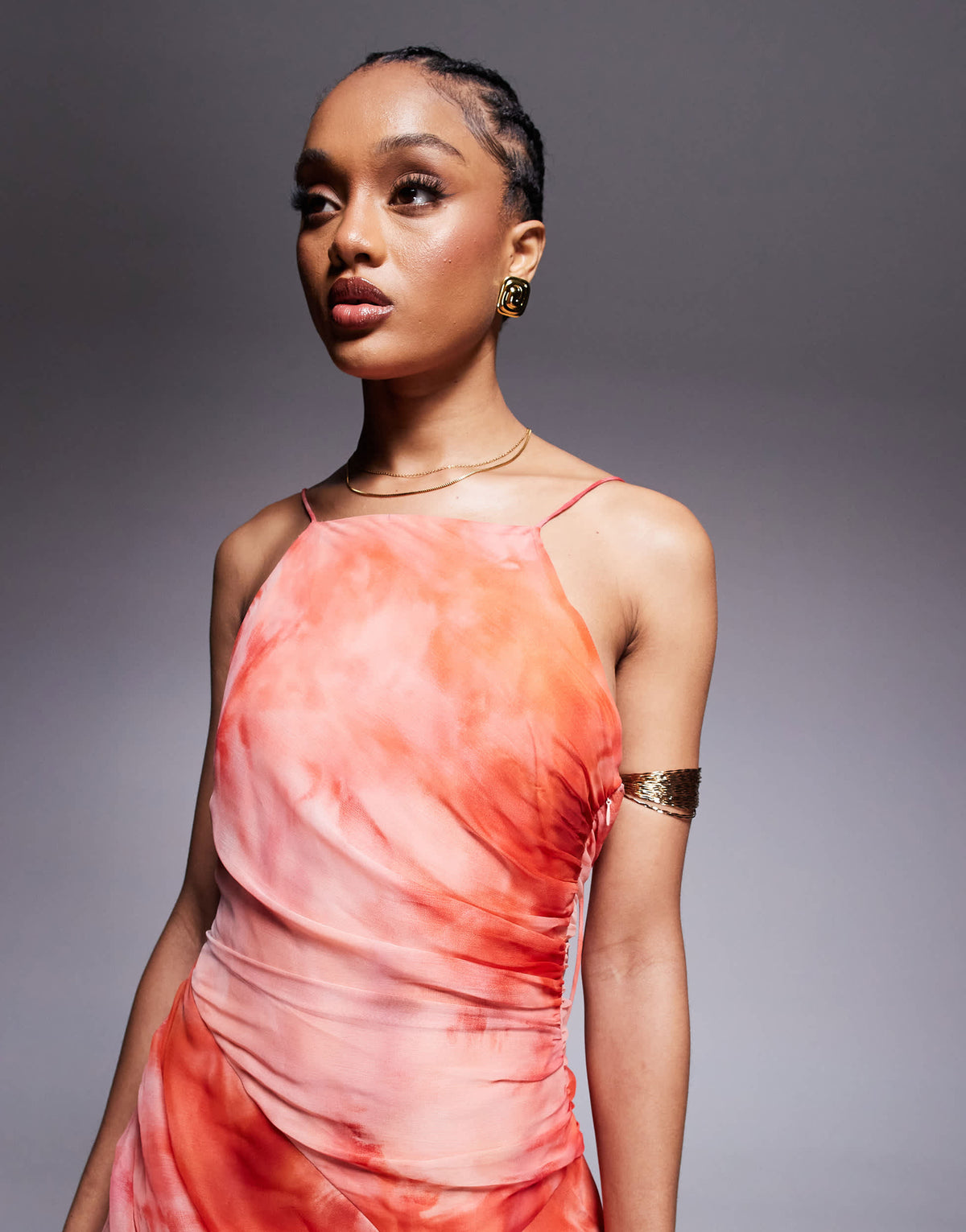 ASOS DESIGN Tall racer strappy maxi dress with draped skirt in blurred print