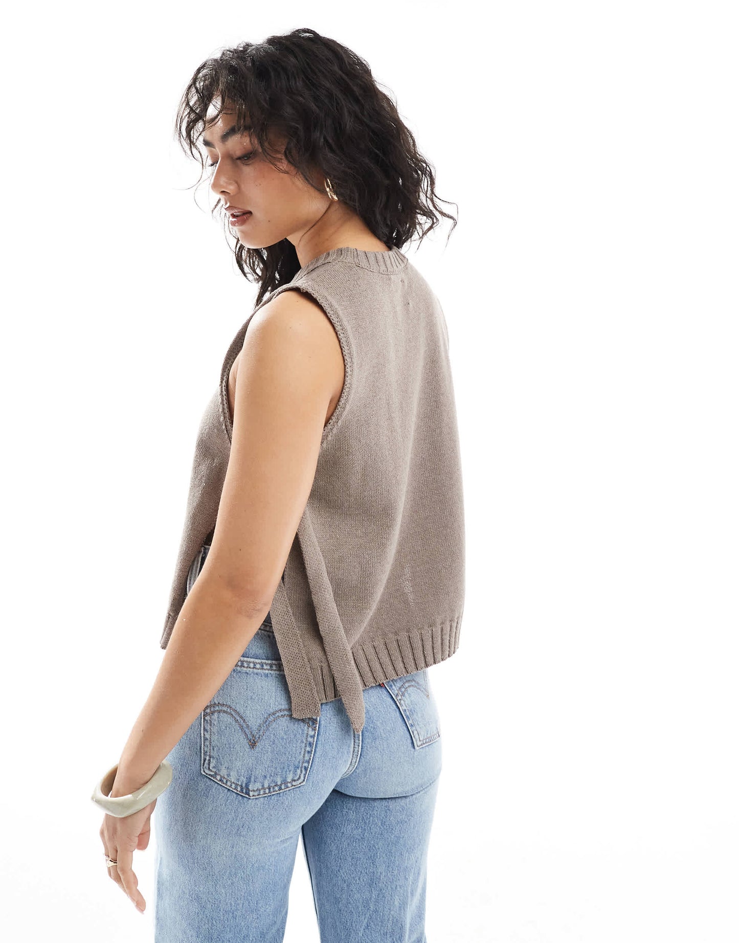 ASOS DESIGN crew neck knit tabard vest with tie sides in mocha