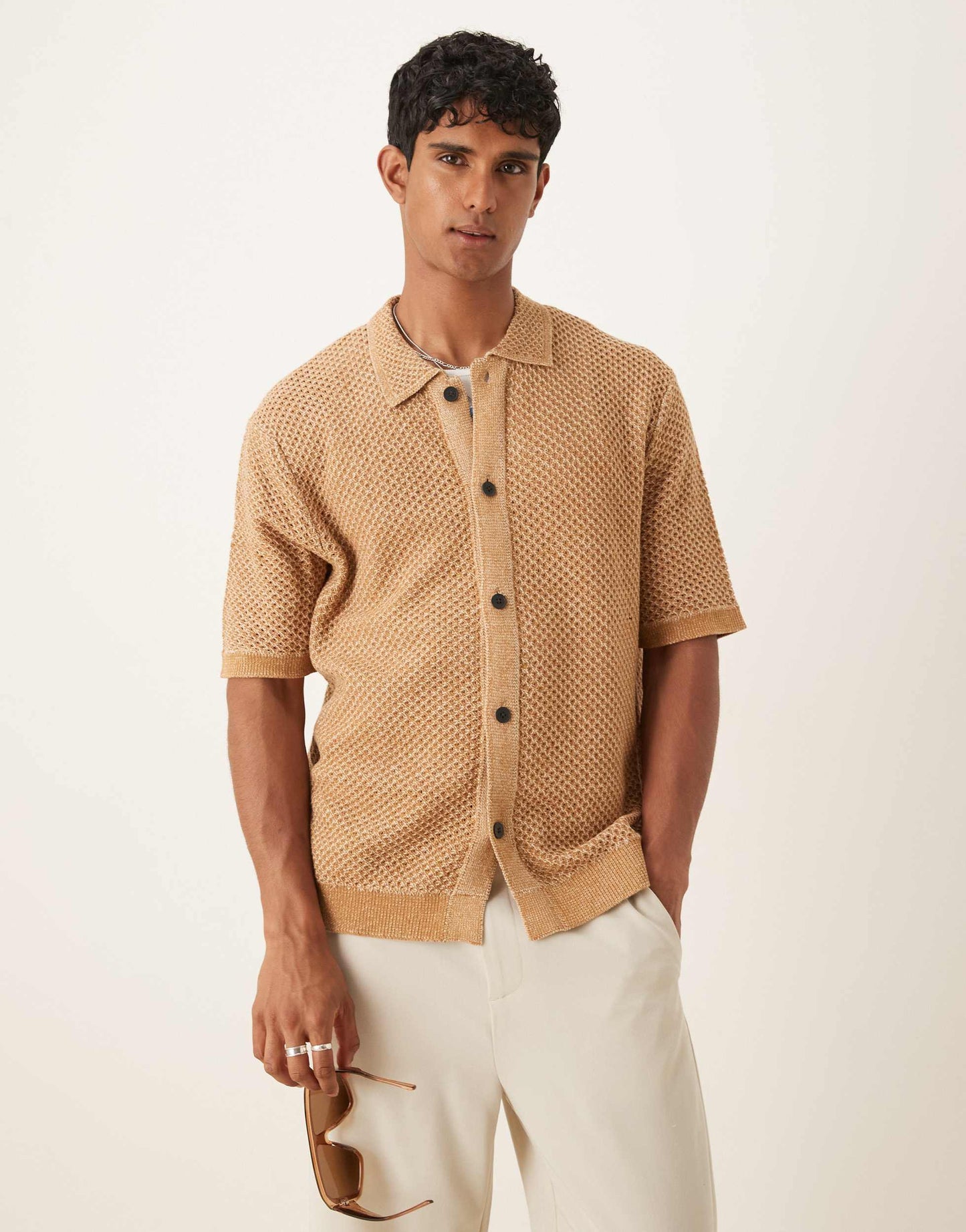 Selected crochet shirt in tan
