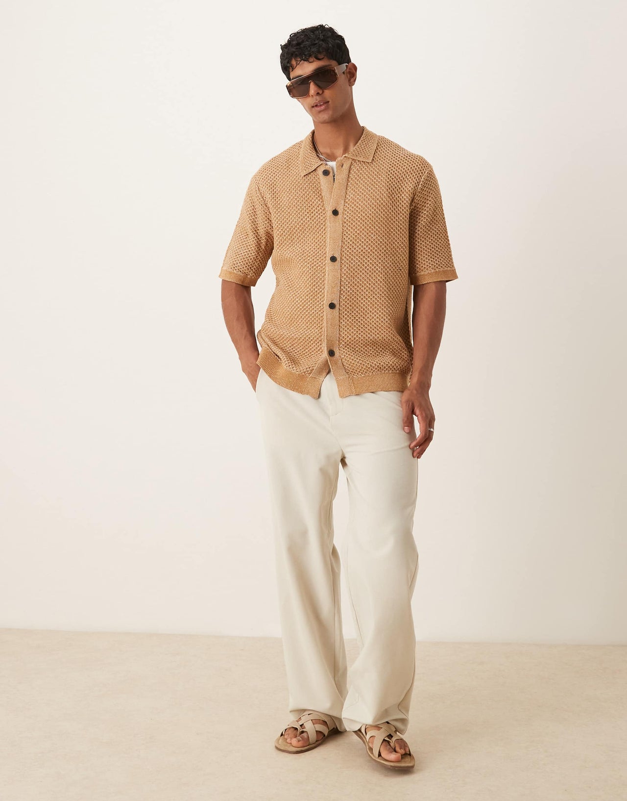 Selected crochet shirt in tan