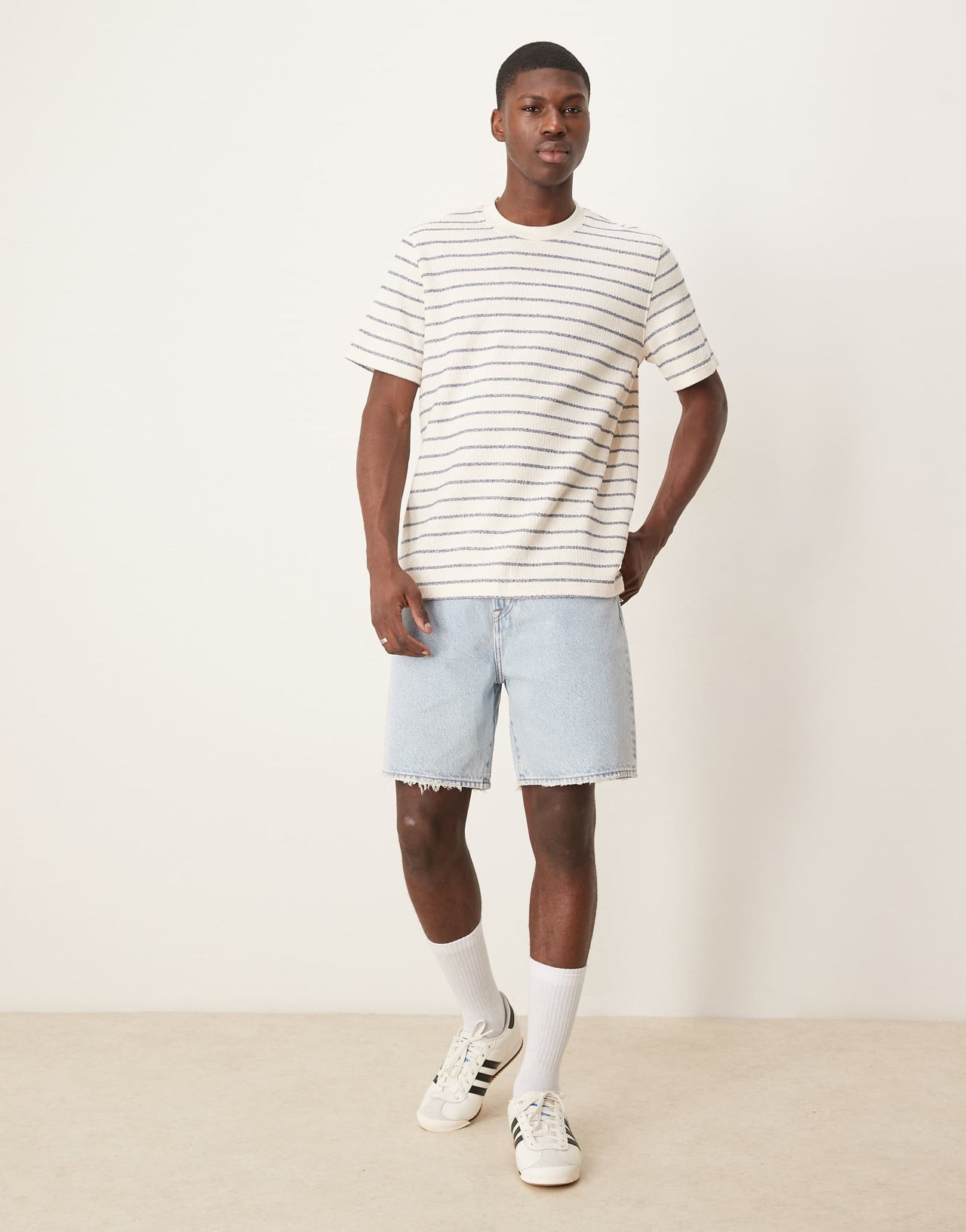 Selected knitted t-shirt in cream blue stripe