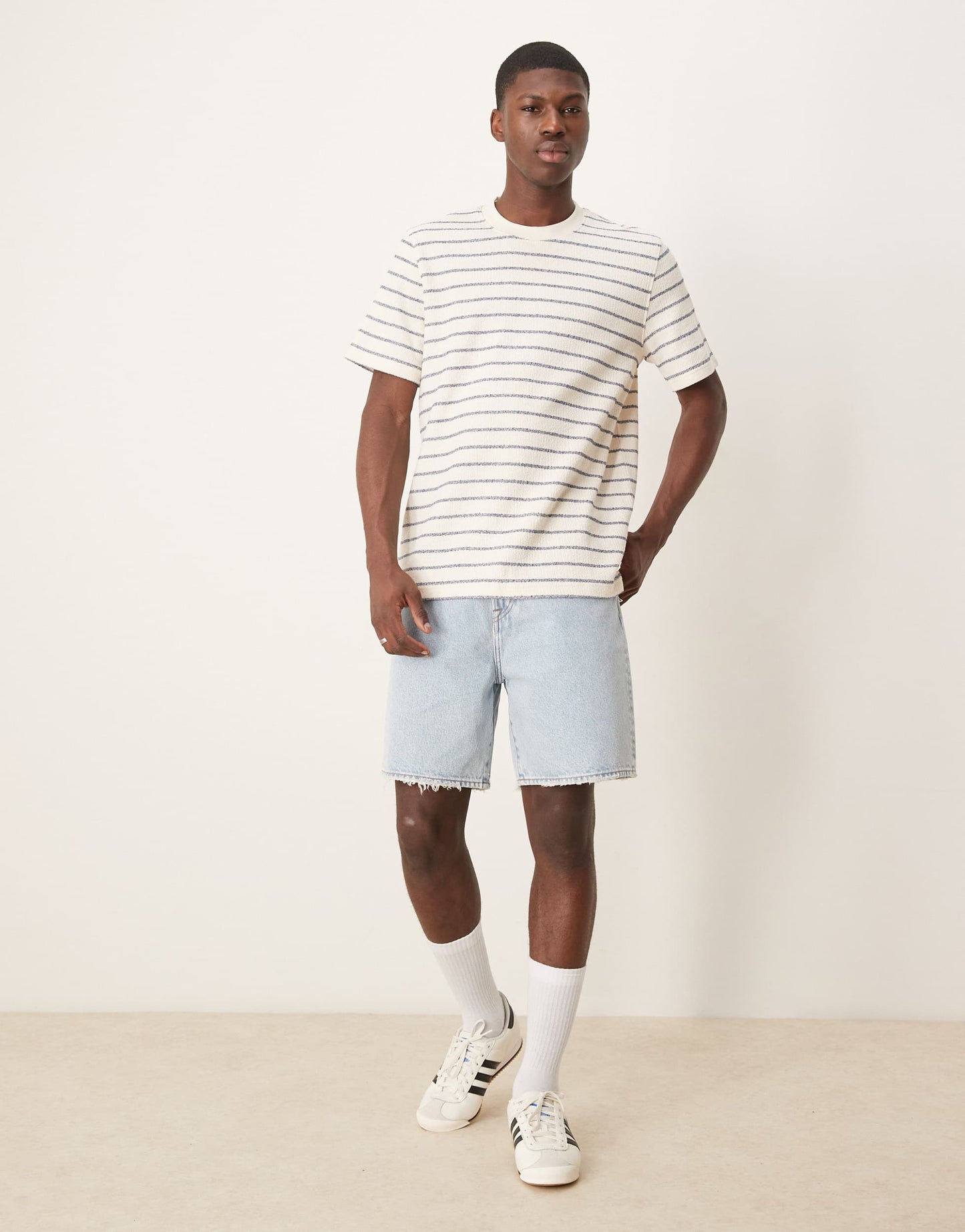 Selected knitted t-shirt in cream blue stripe