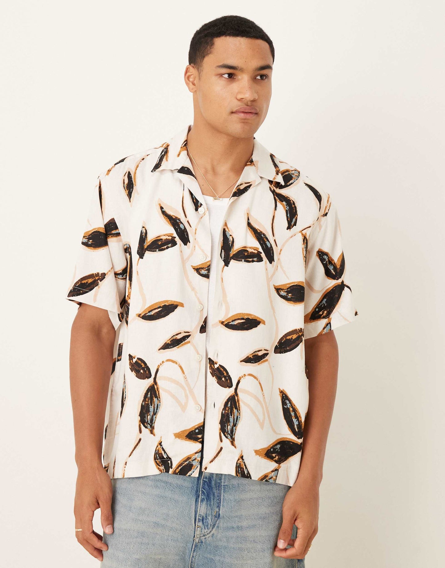 Selected revere collar shirt in cream brown leaf print