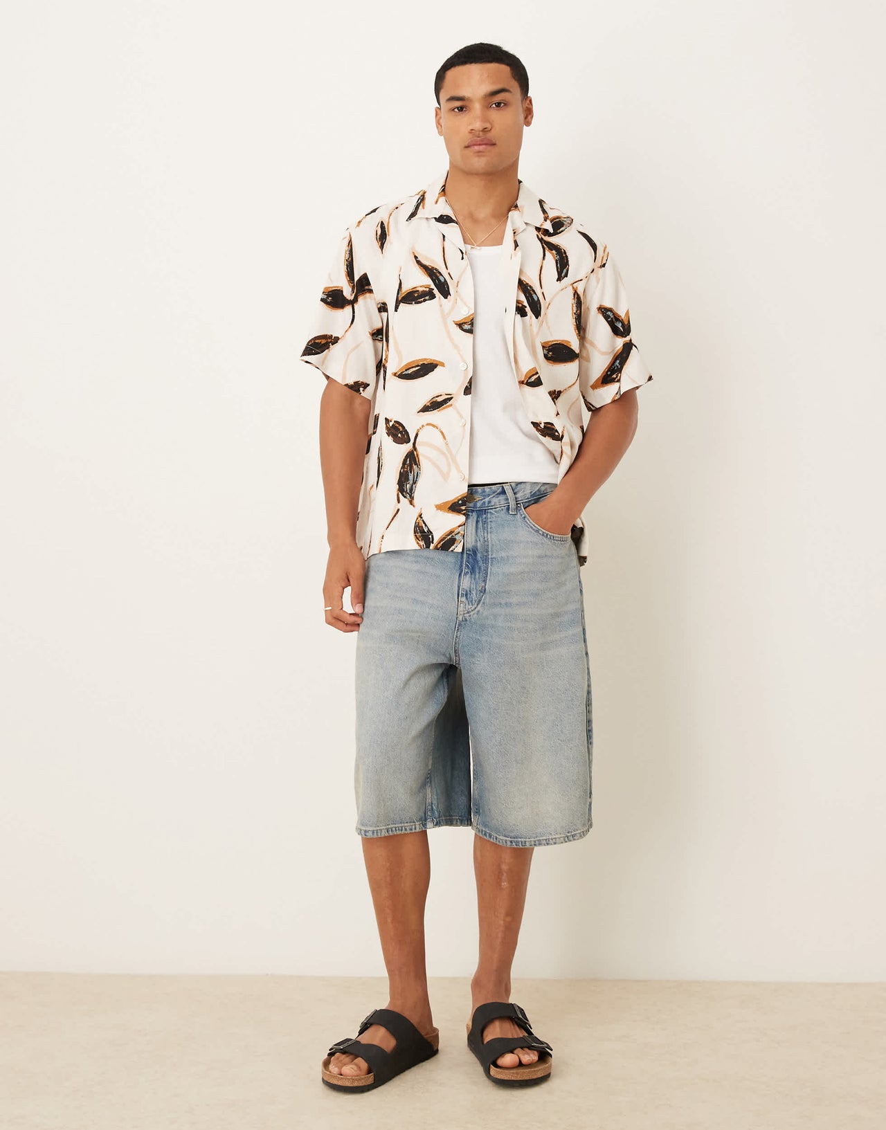 Selected revere collar shirt in cream brown leaf print