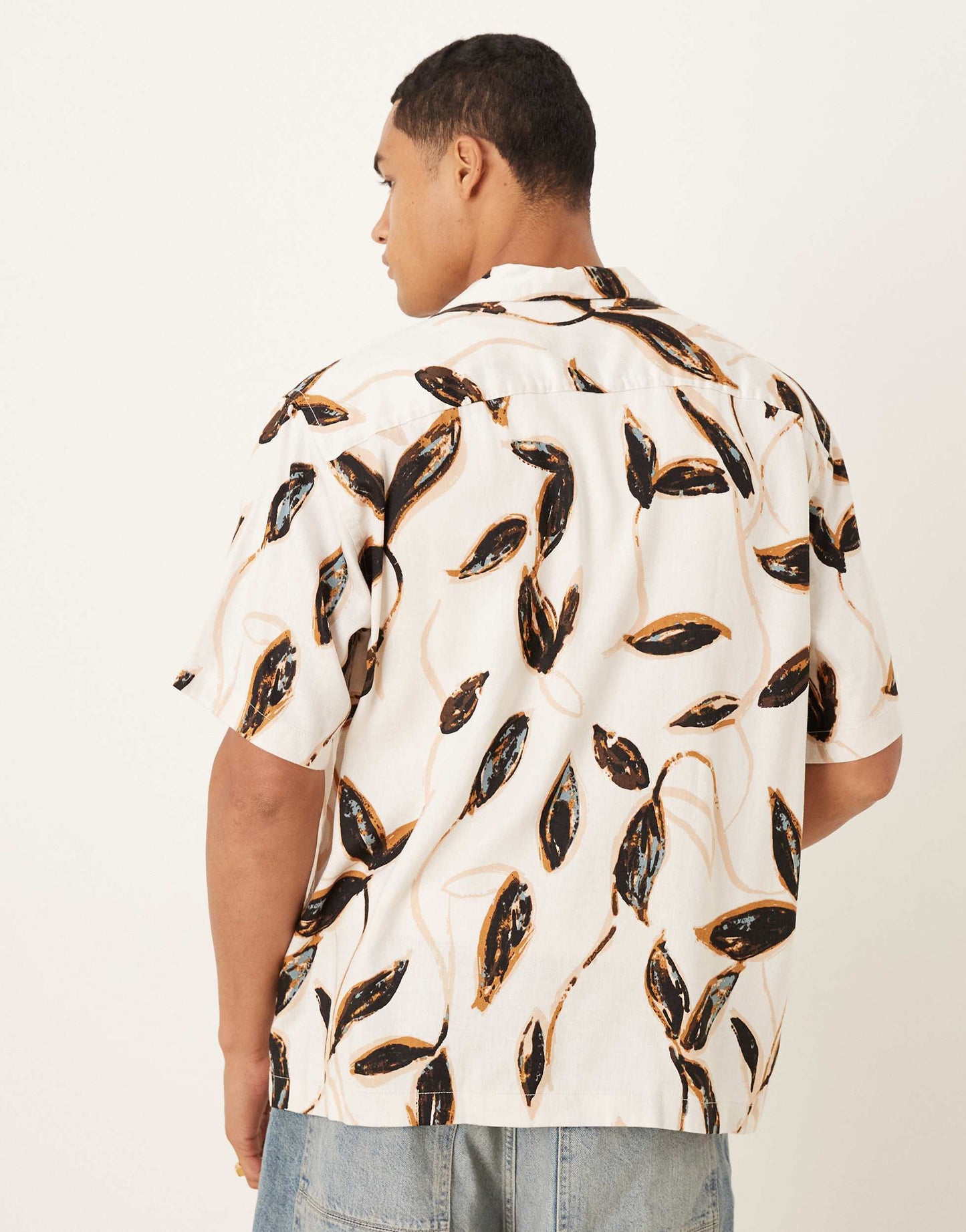 Selected revere collar shirt in cream brown leaf print