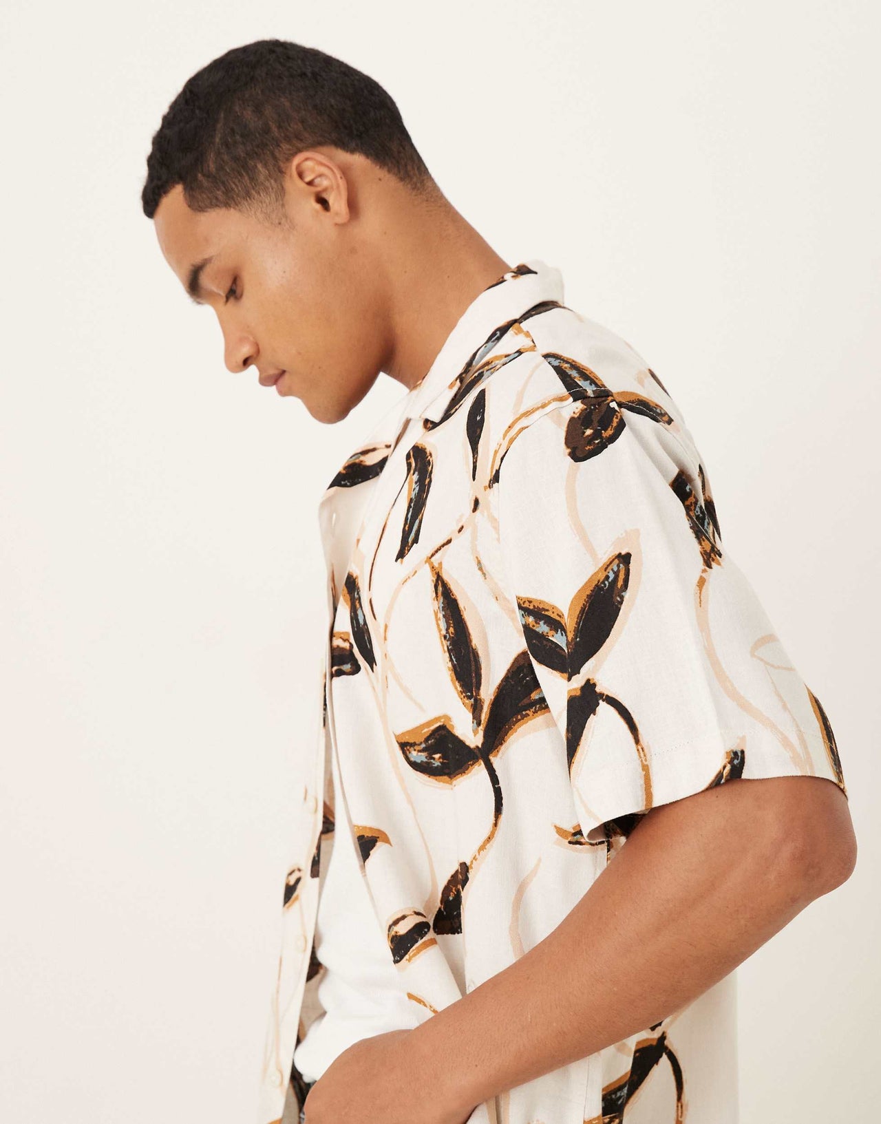 Selected revere collar shirt in cream brown leaf print