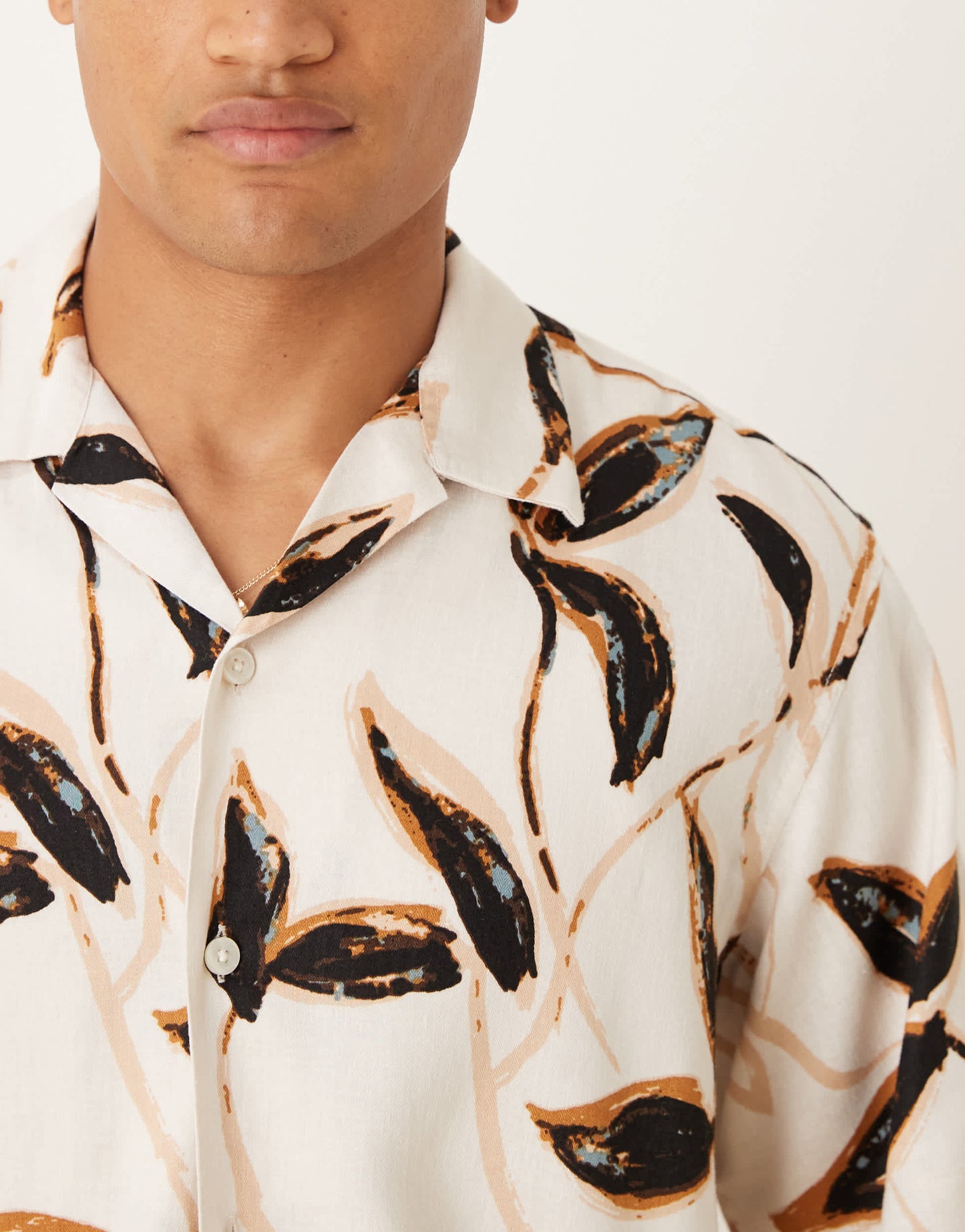 Selected revere collar shirt in cream brown leaf print