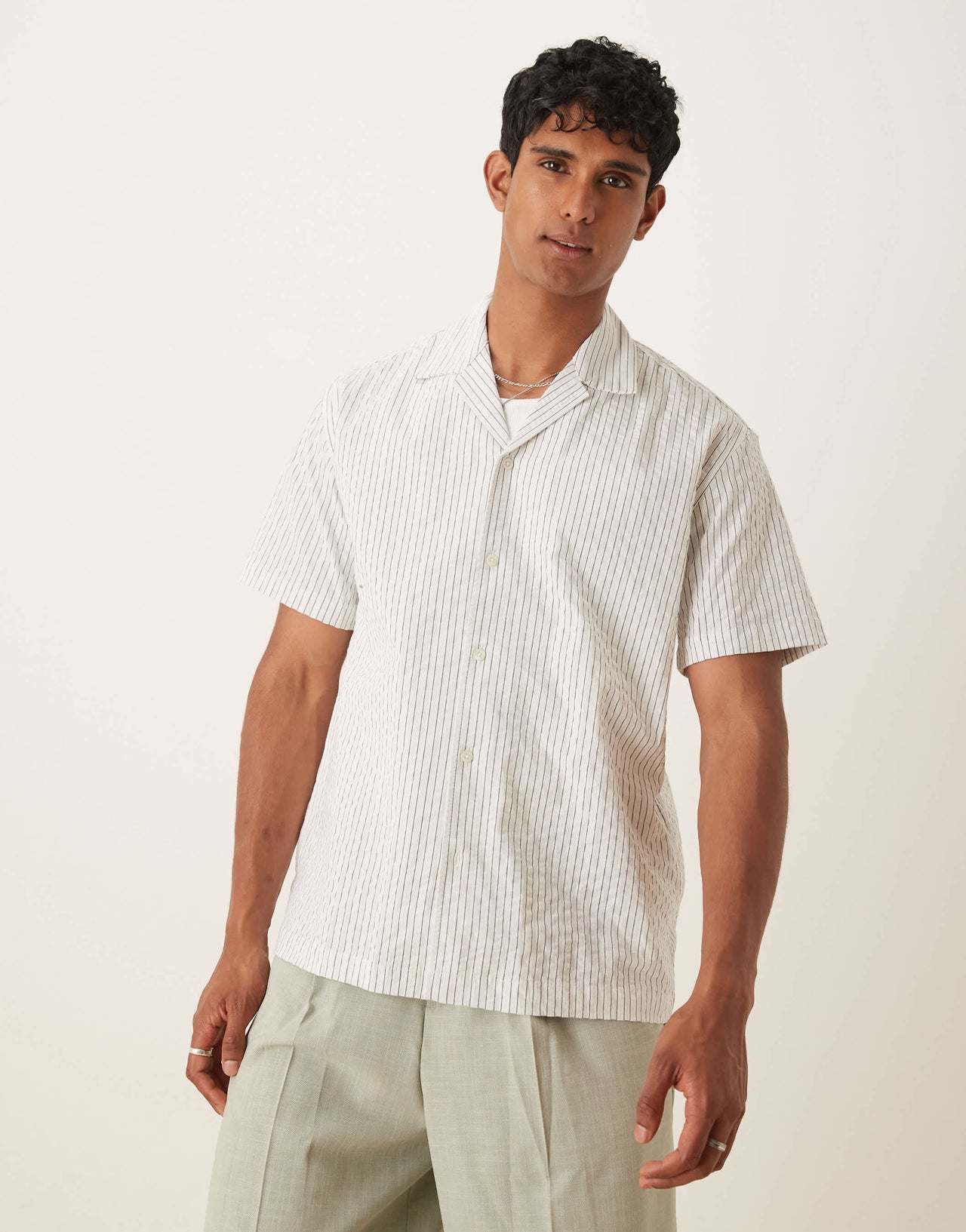 Selected seersucker revere collar shirt in cream stripe