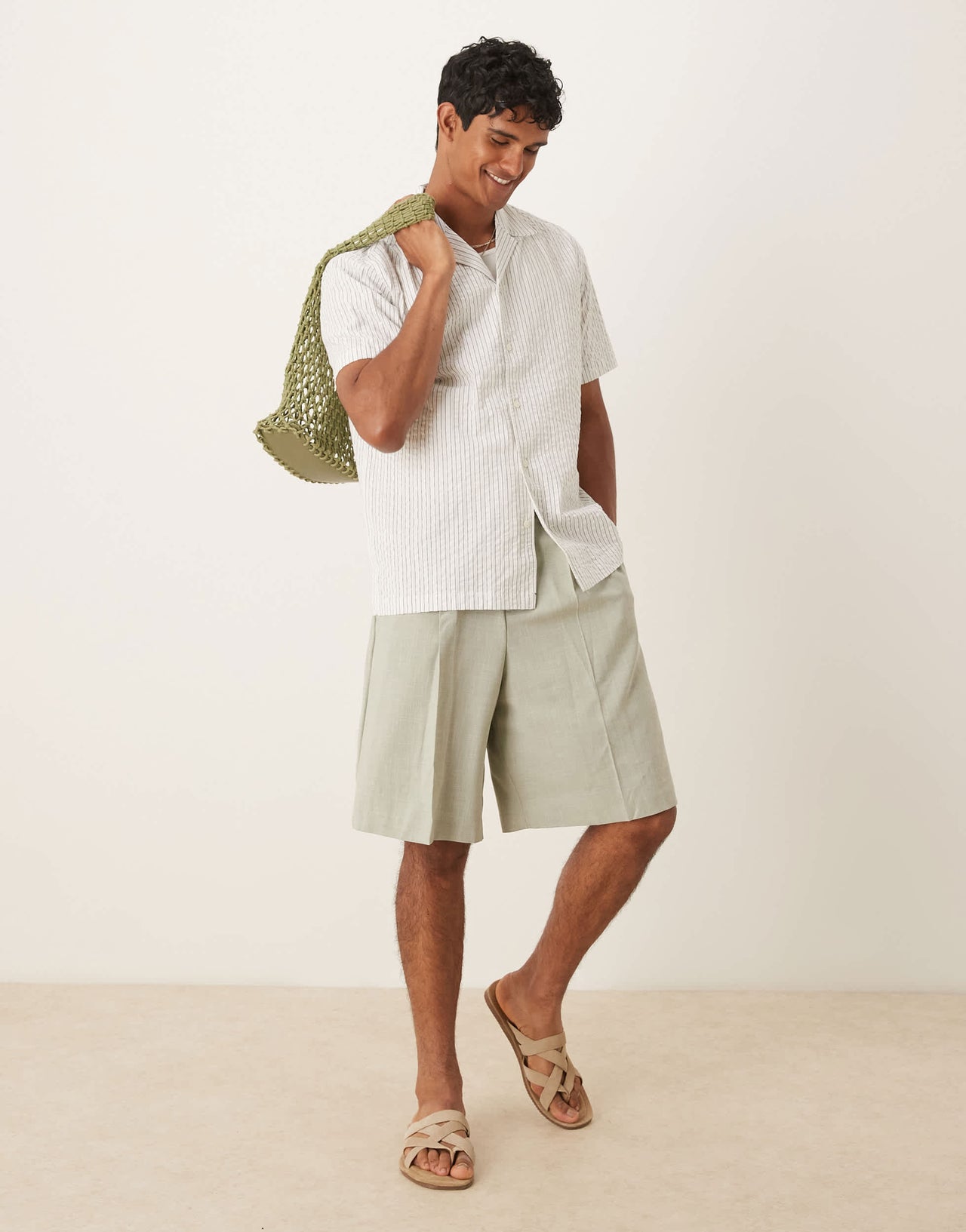 Selected seersucker revere collar shirt in cream stripe
