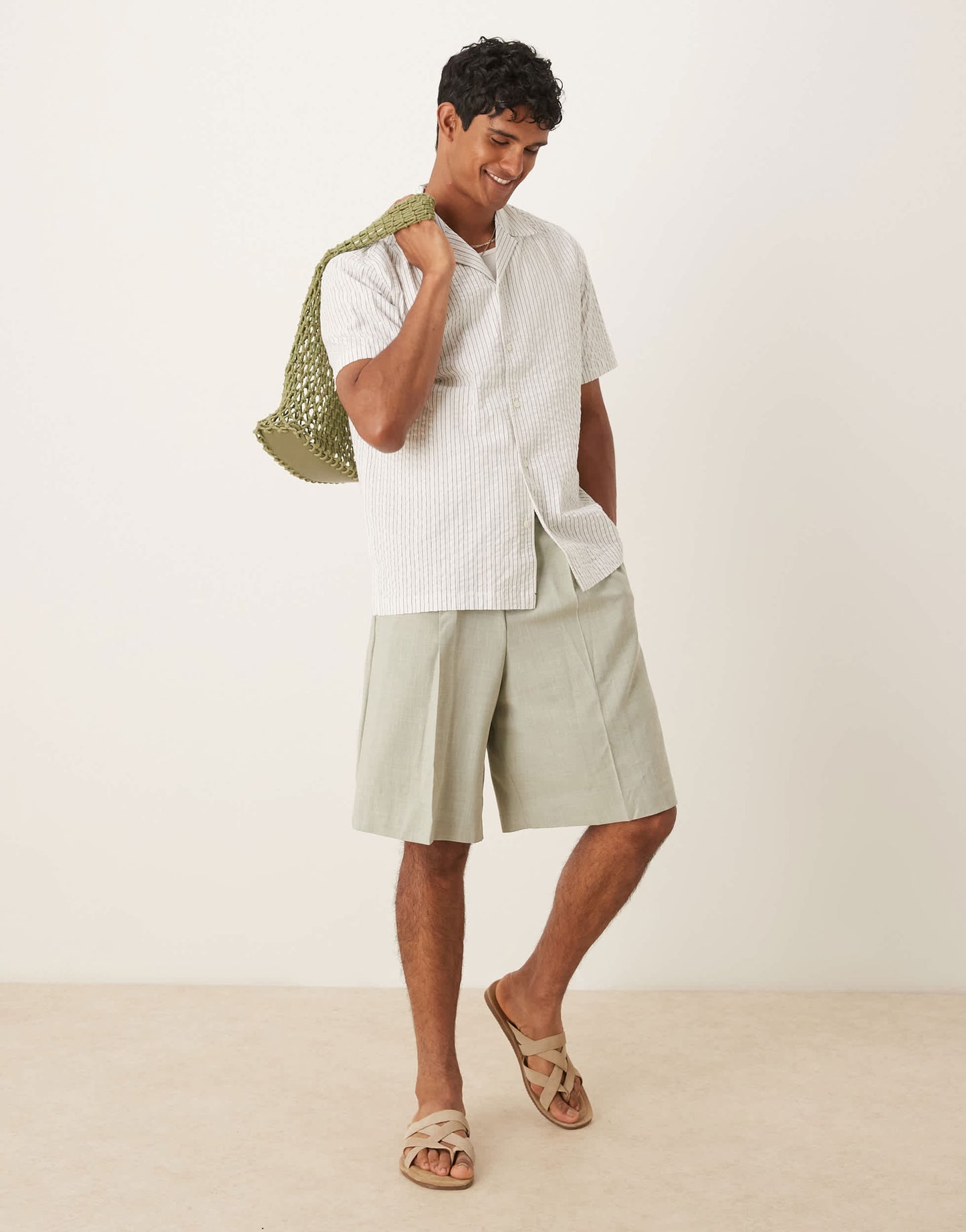 Selected seersucker revere collar shirt in cream stripe