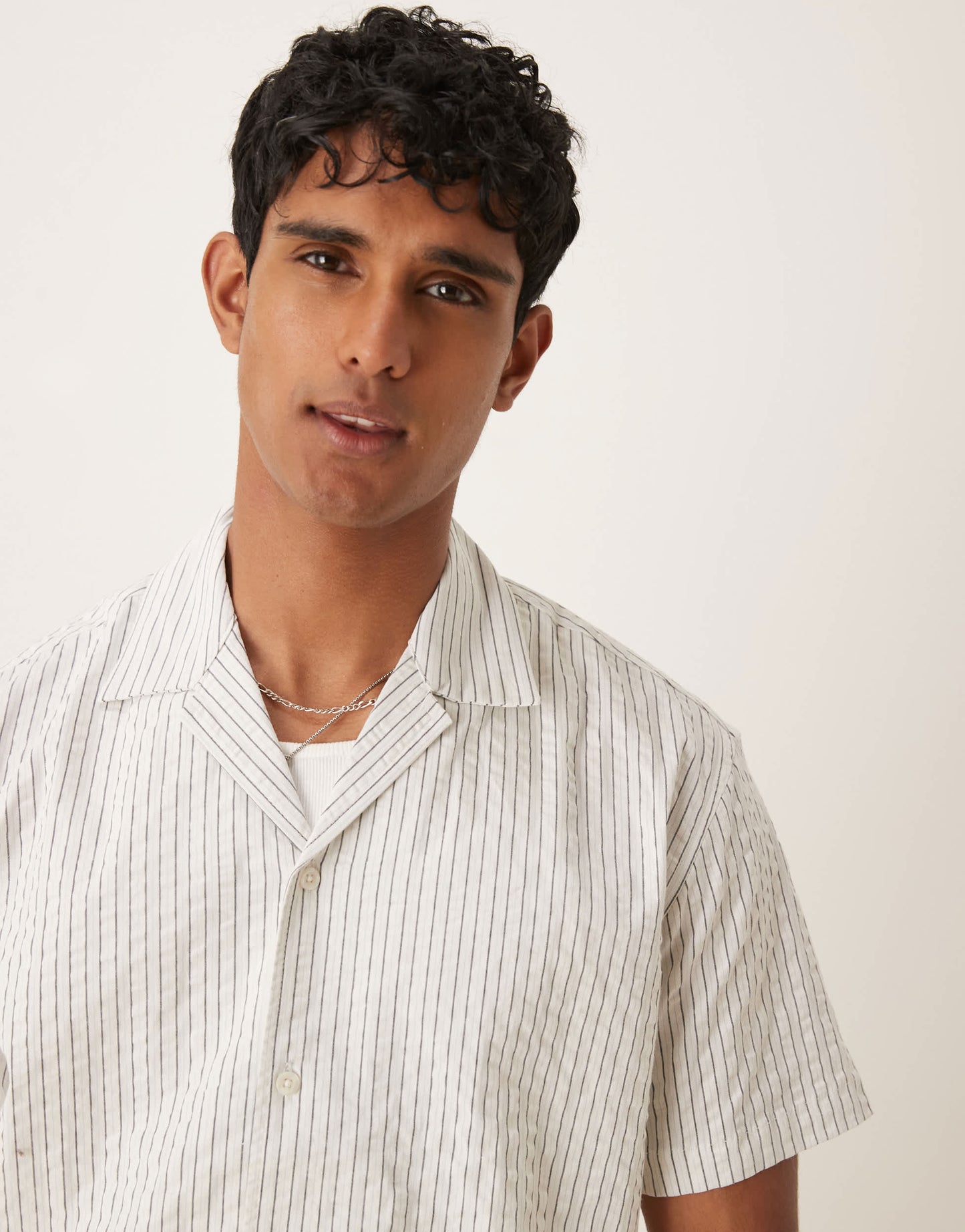Selected seersucker revere collar shirt in cream stripe