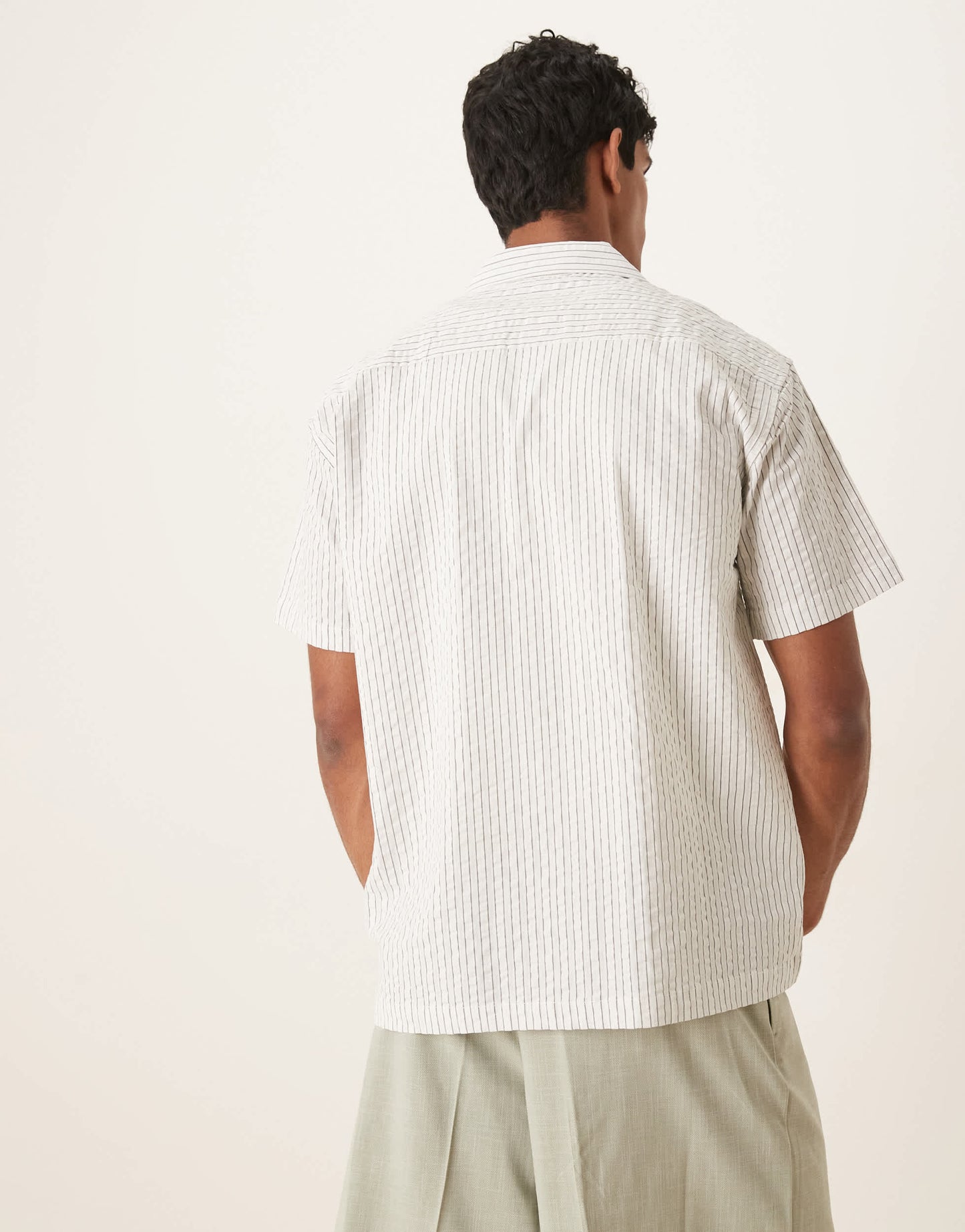 Selected seersucker revere collar shirt in cream stripe