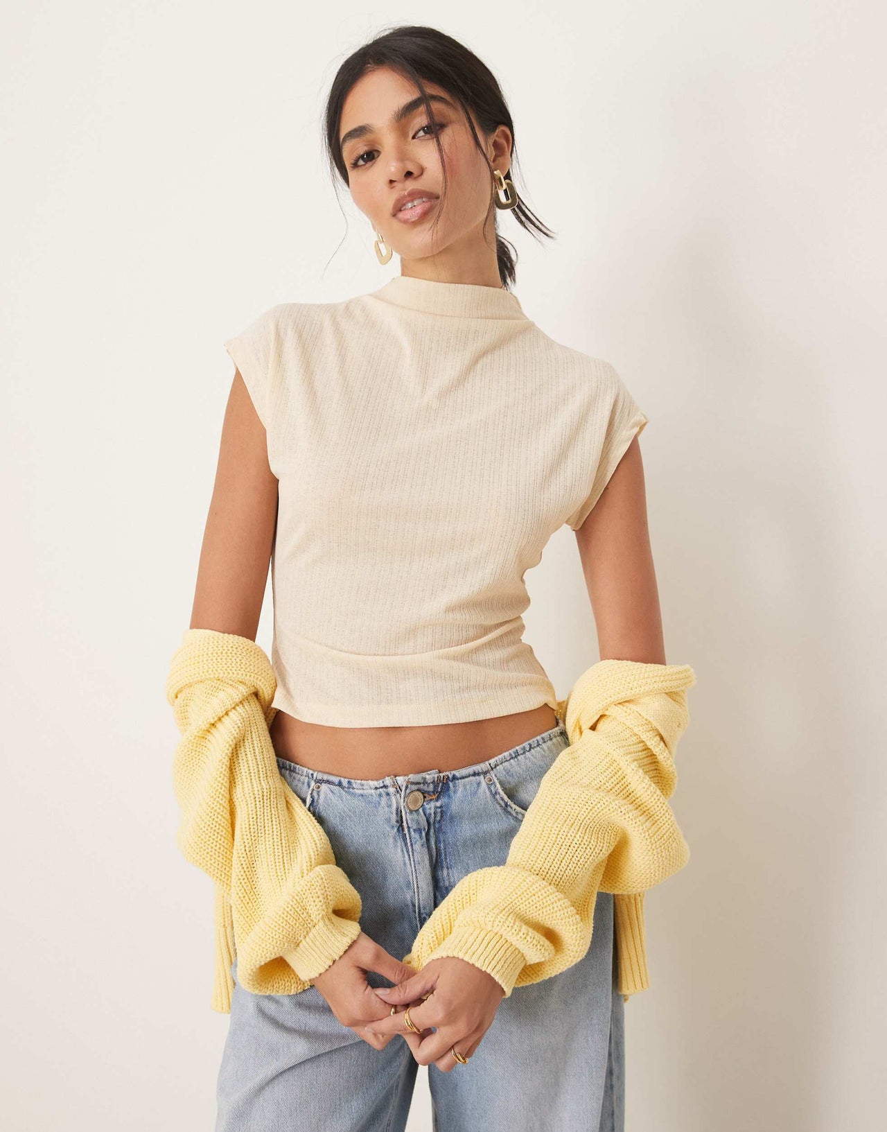 ASOS DESIGN dry handle rib grown on neck tee in cream