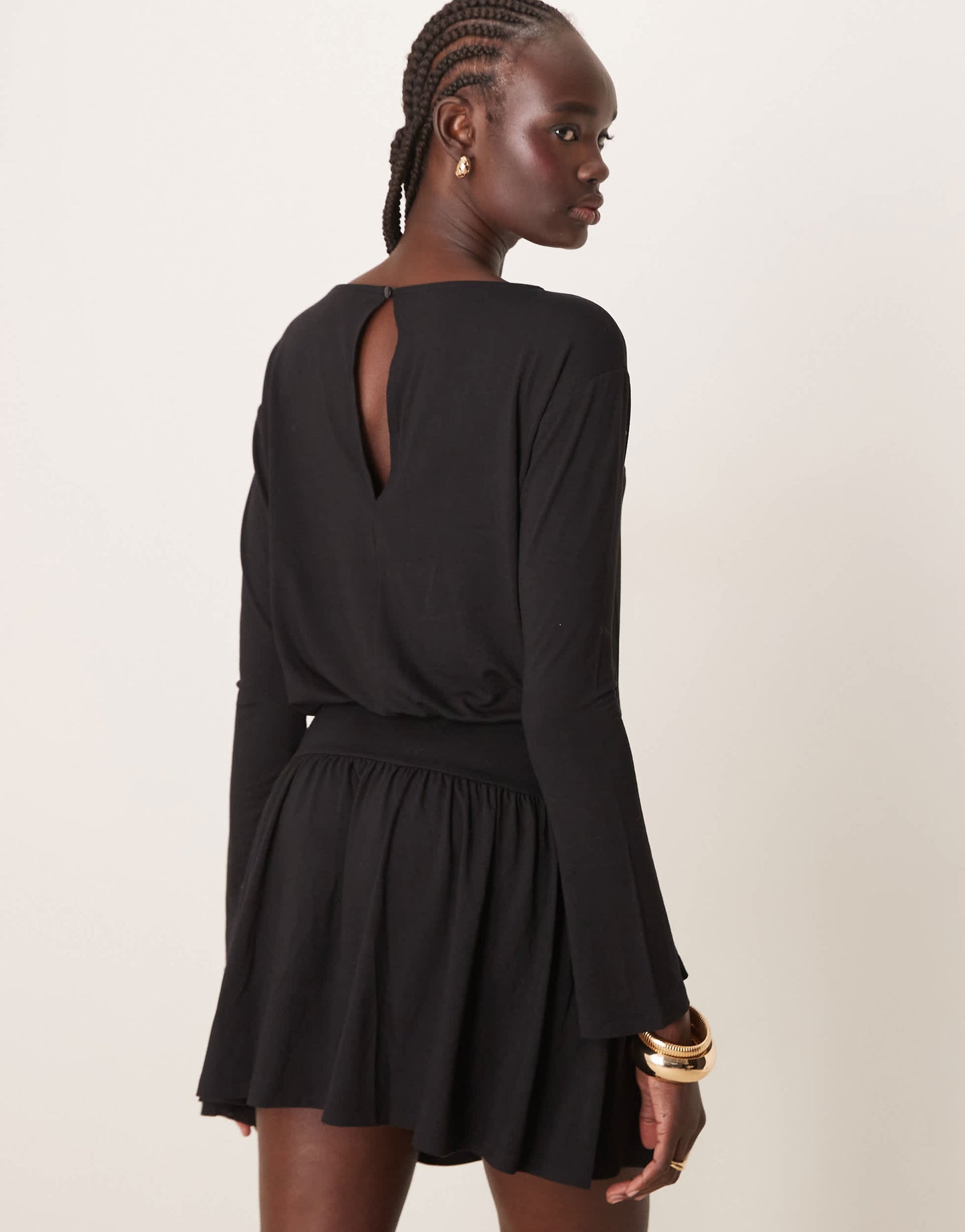 ASOS DESIGN cinched drop waist slash neck mini dress in black