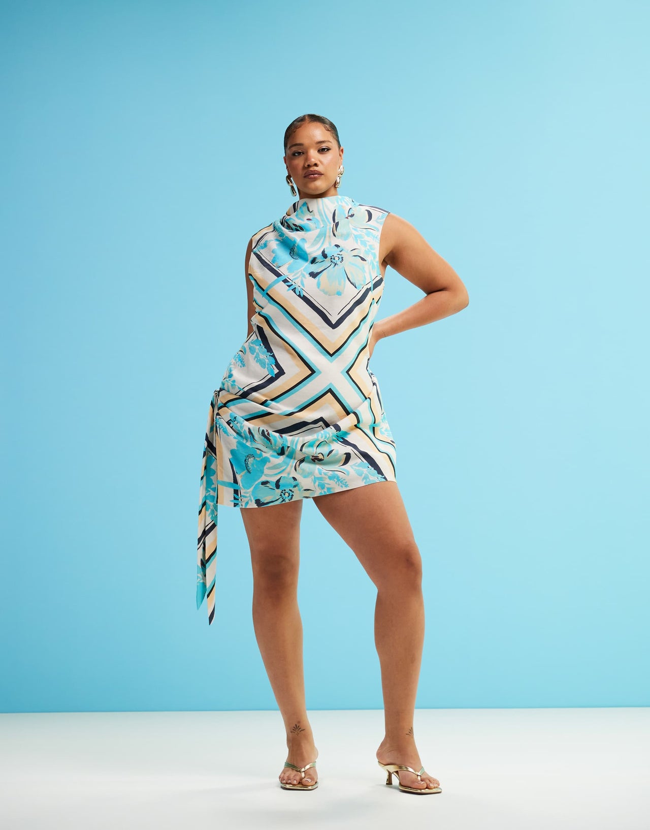 ASOS DESIGN Curve high neck drape detail mini dress in scarf print