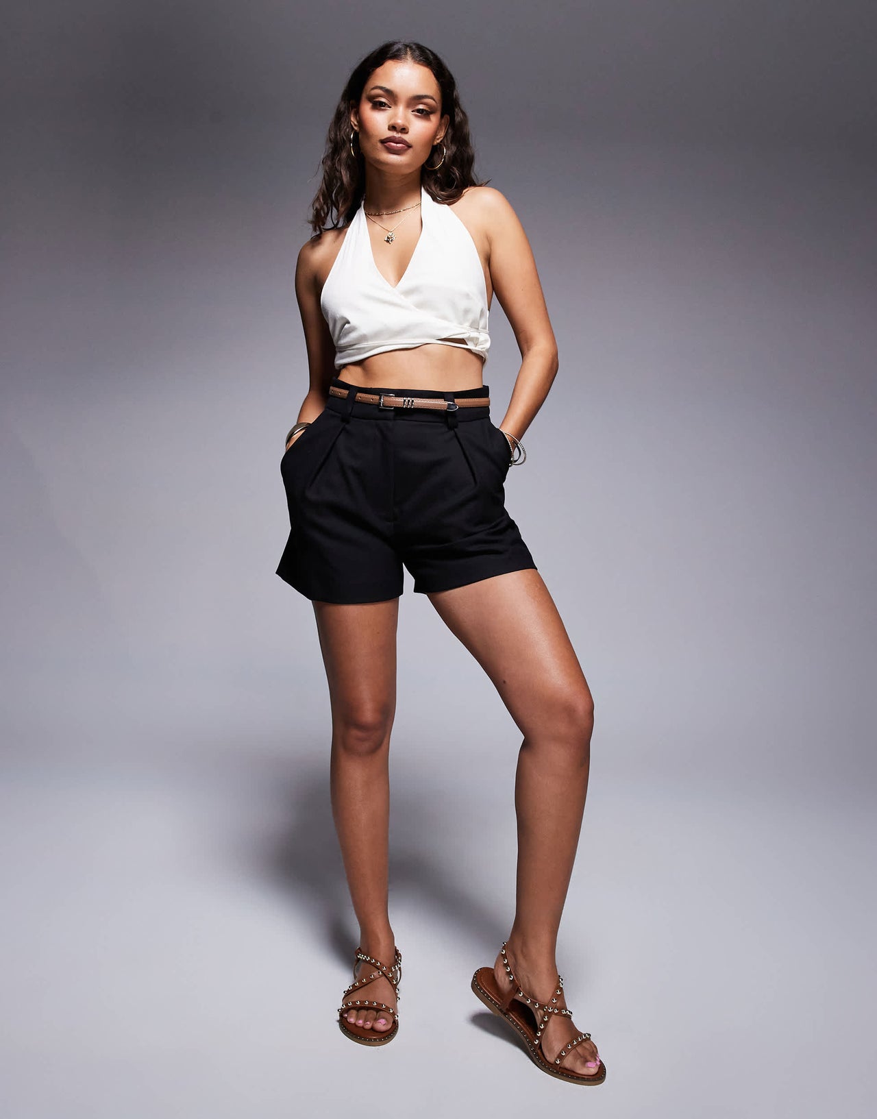 River Island Petite belted tailored short in black