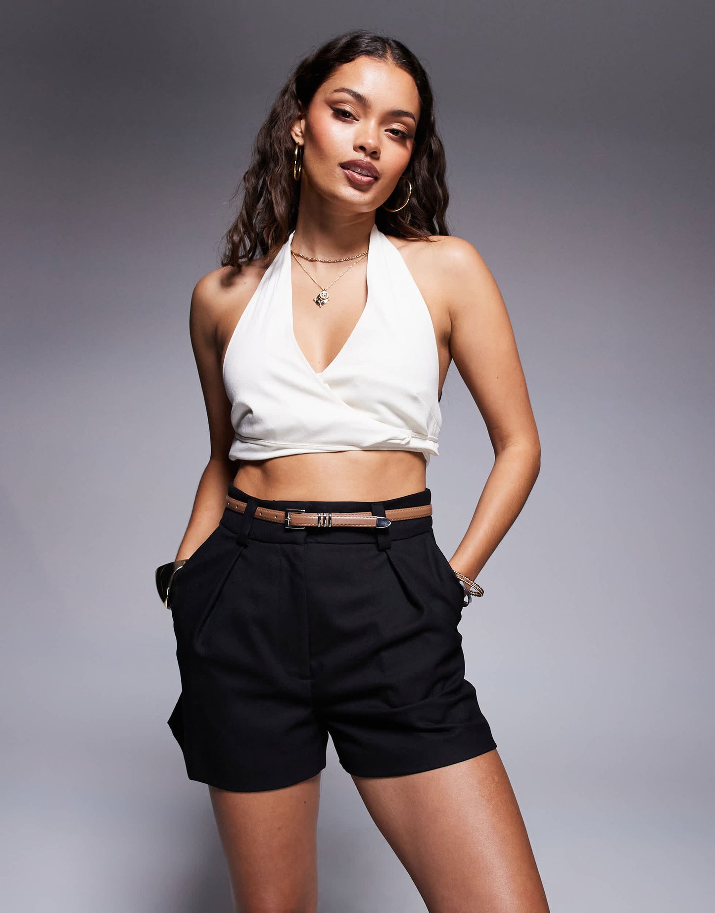 River Island Petite belted tailored short in black
