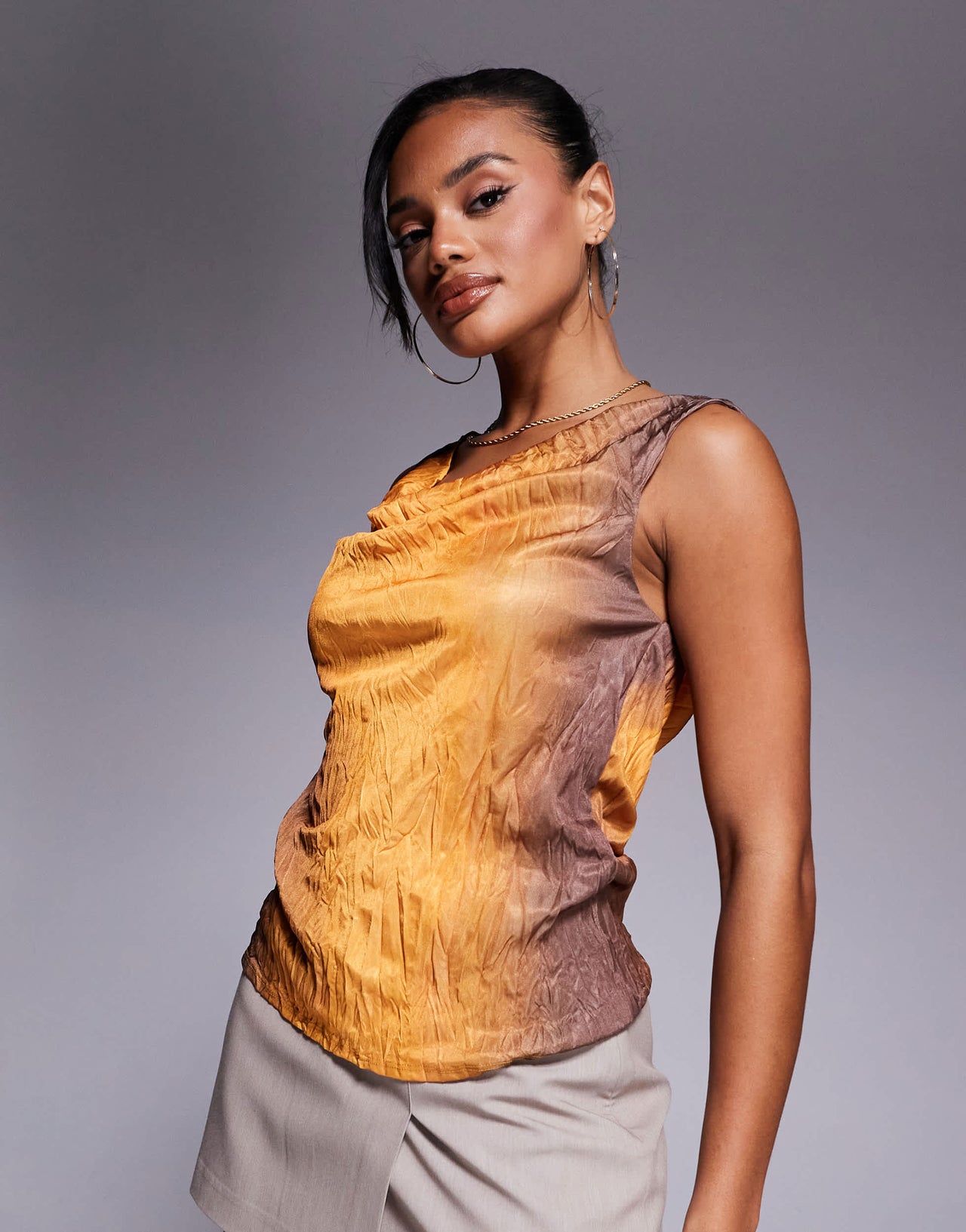 River Island crinkle ombre cowl neck top in orange