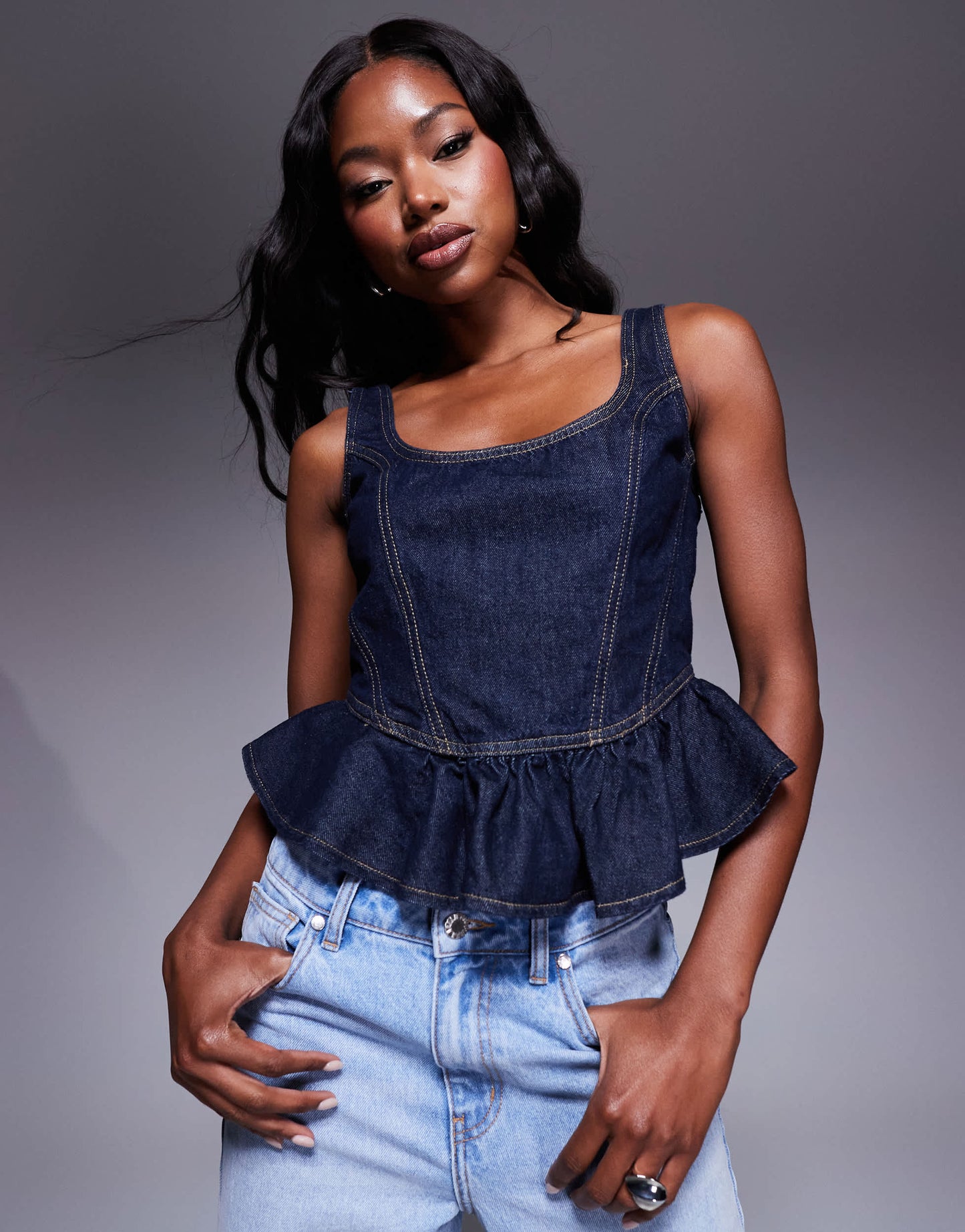 River Island denim peplum top in darkwash blue
