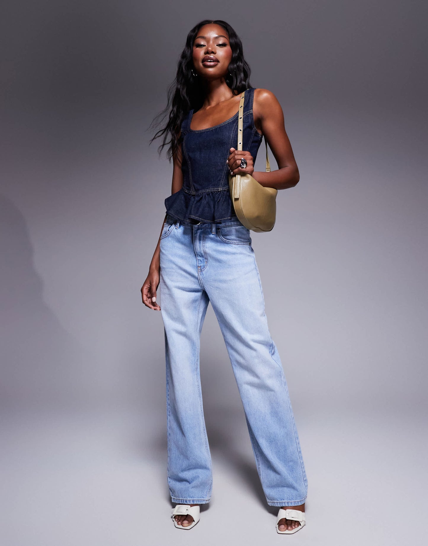 River Island denim peplum top in darkwash blue