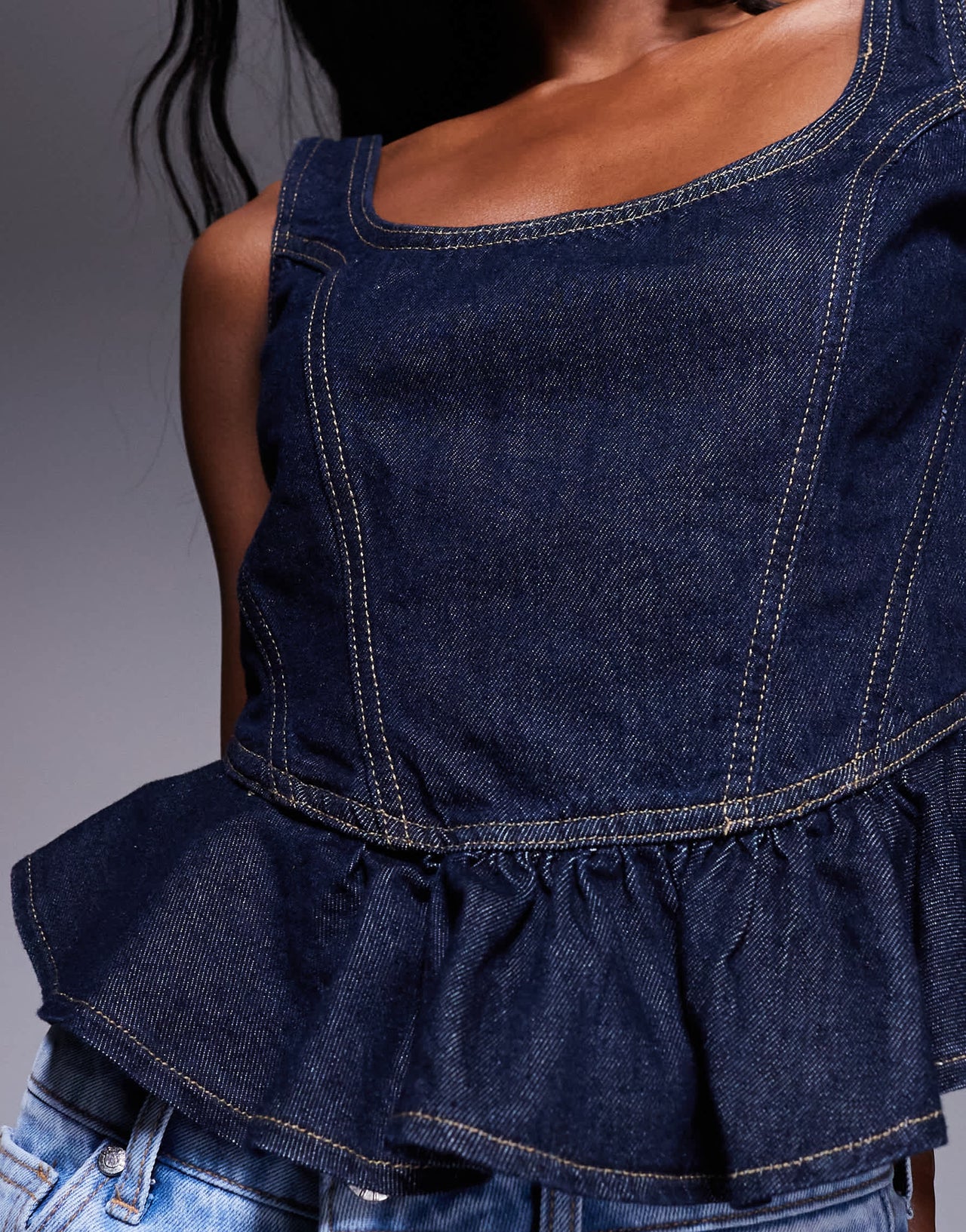 River Island denim peplum top in darkwash blue
