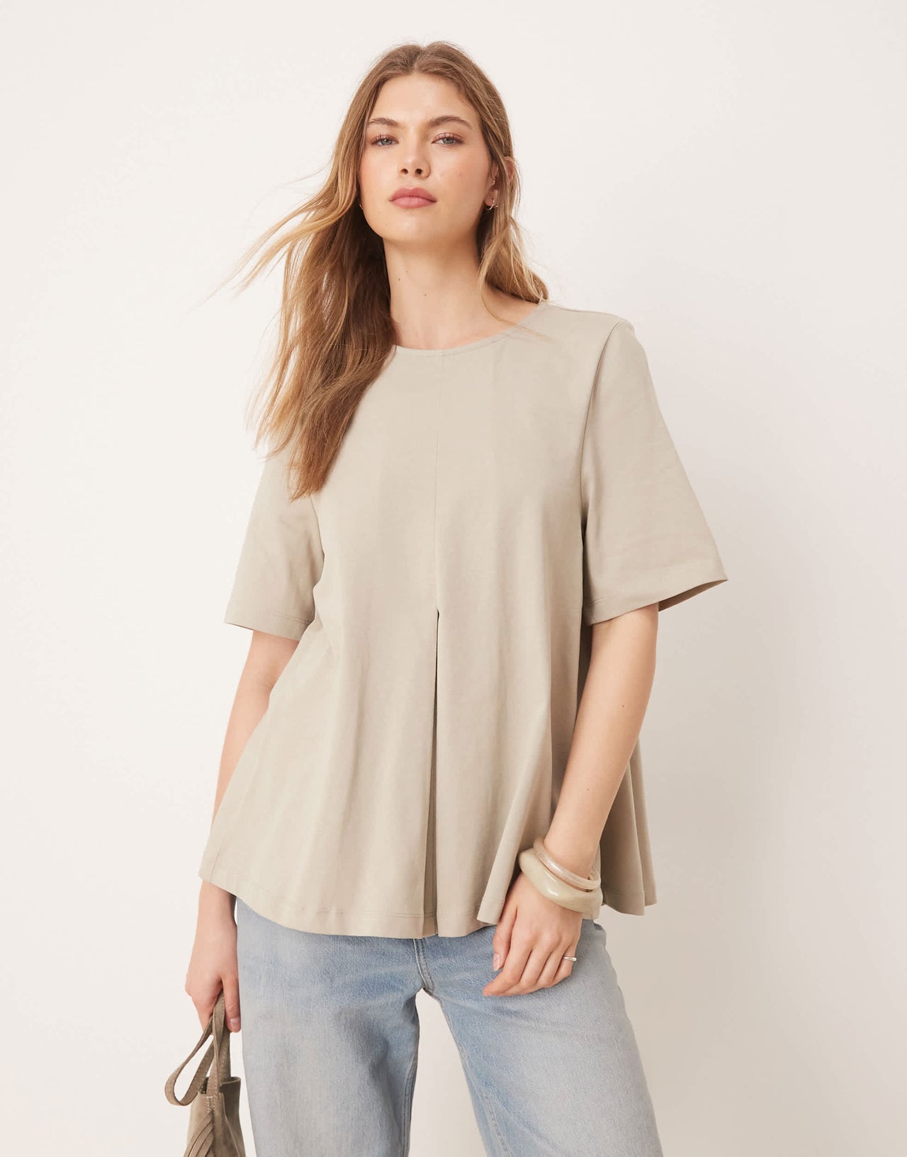 ASOS DESIGN pleat front trapeze t-shirt in light khaki