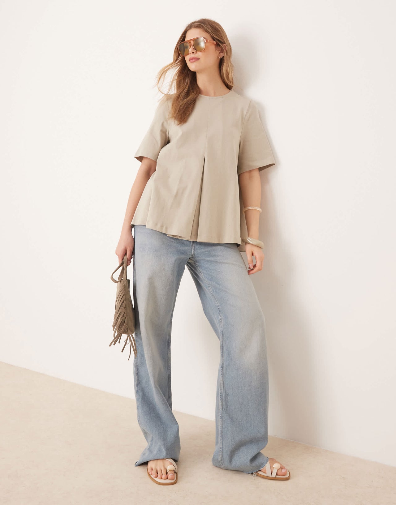 ASOS DESIGN pleat front trapeze t-shirt in light khaki