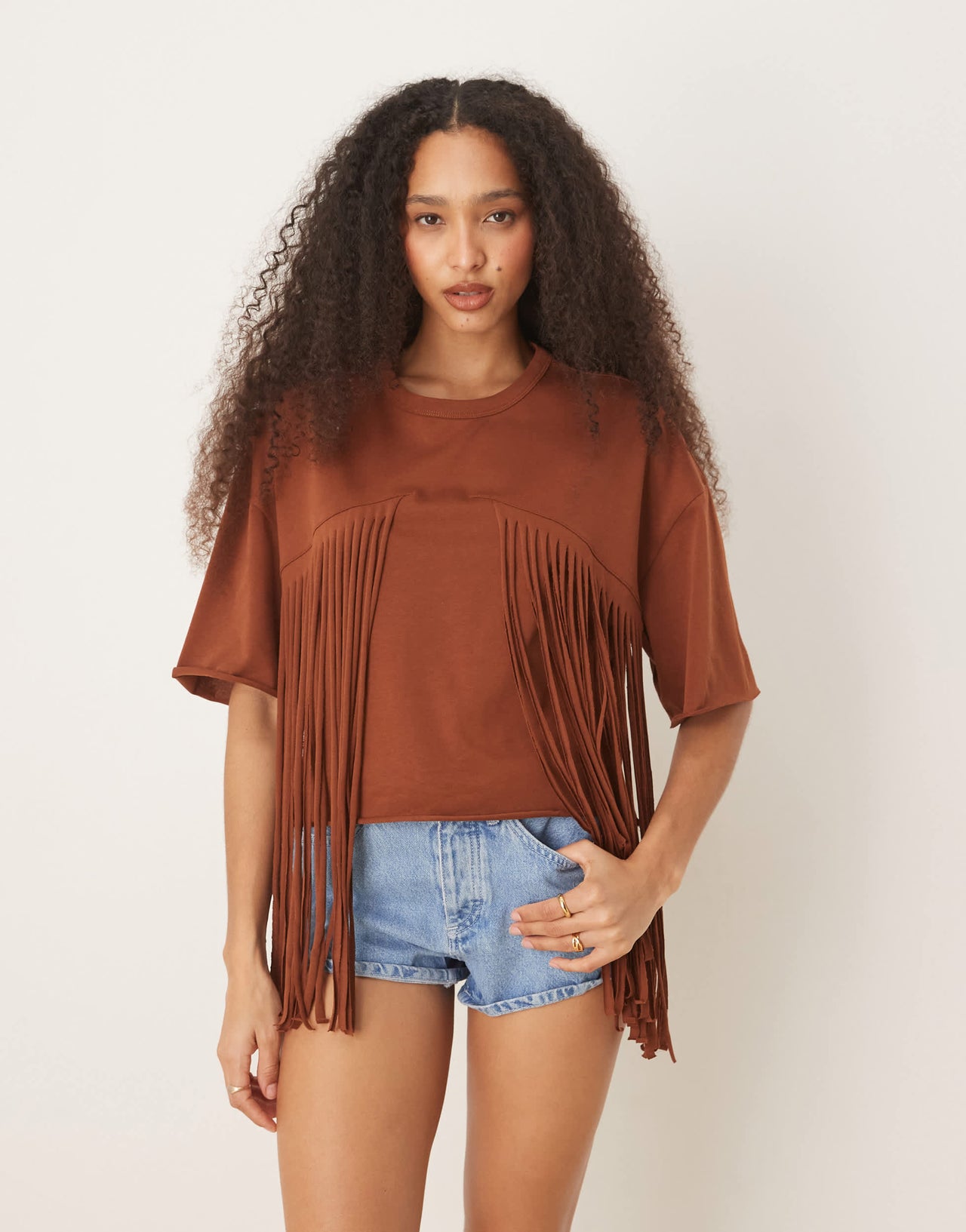 ASOS DESIGN boxy cropped t-shirt with fringe detail in chocolate