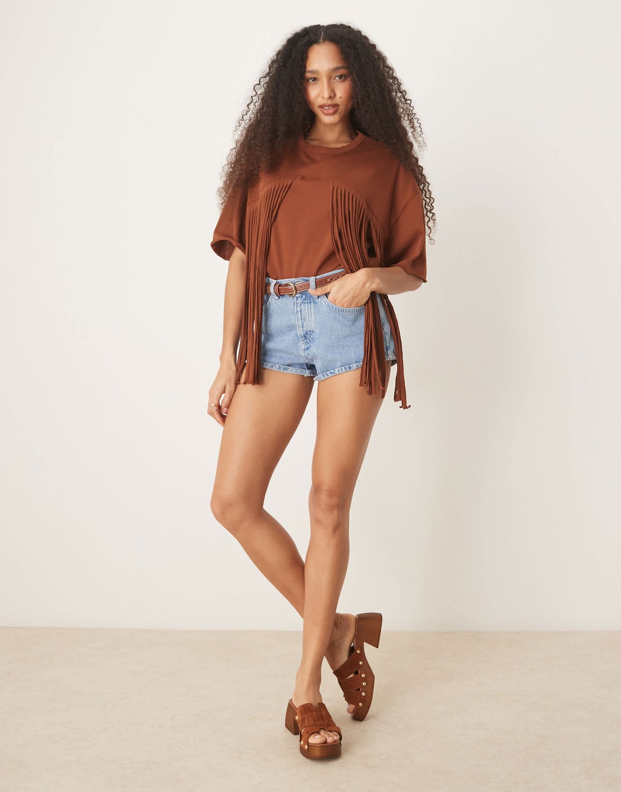 ASOS DESIGN boxy cropped t-shirt with fringe detail in chocolate