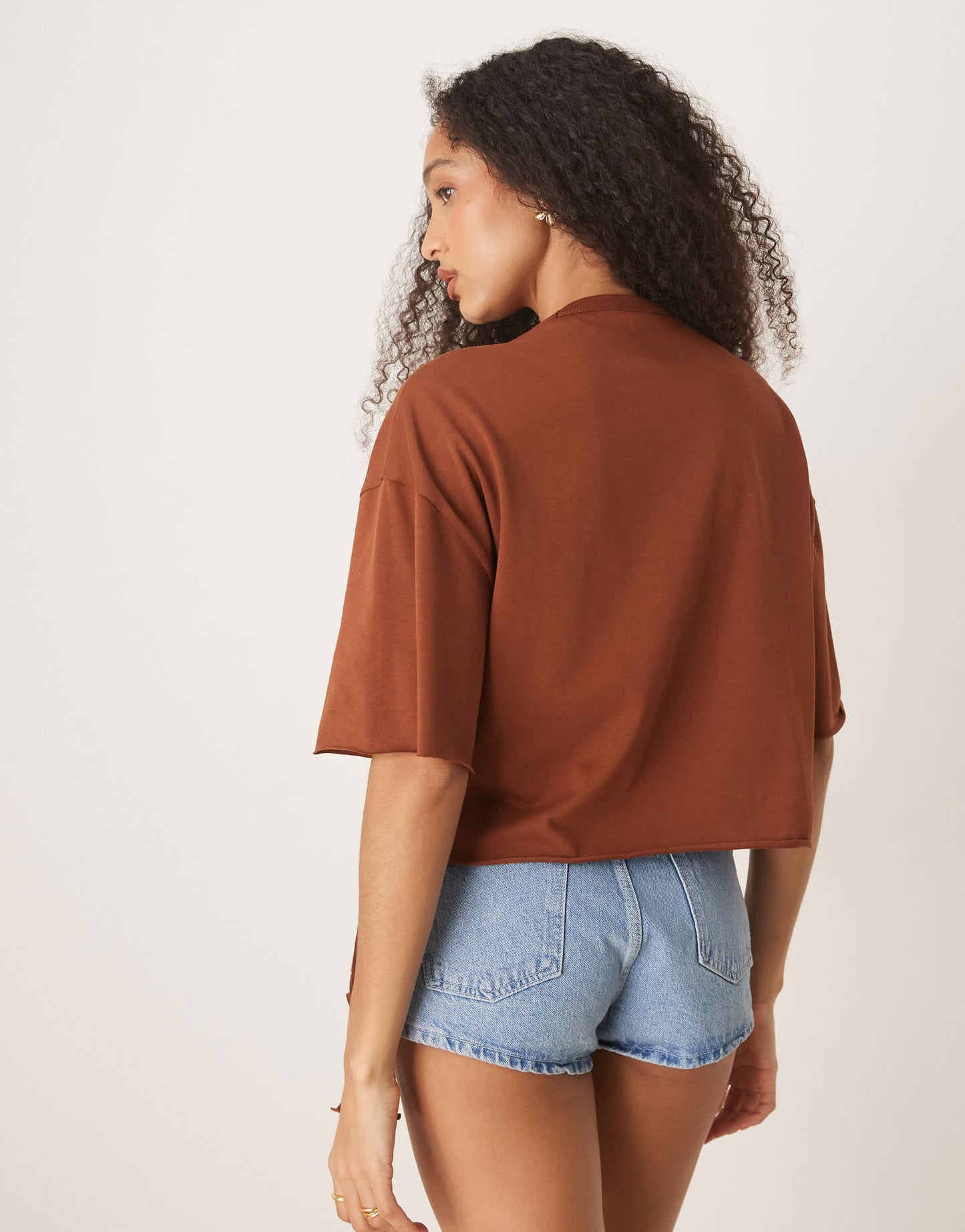 ASOS DESIGN boxy cropped t-shirt with fringe detail in chocolate
