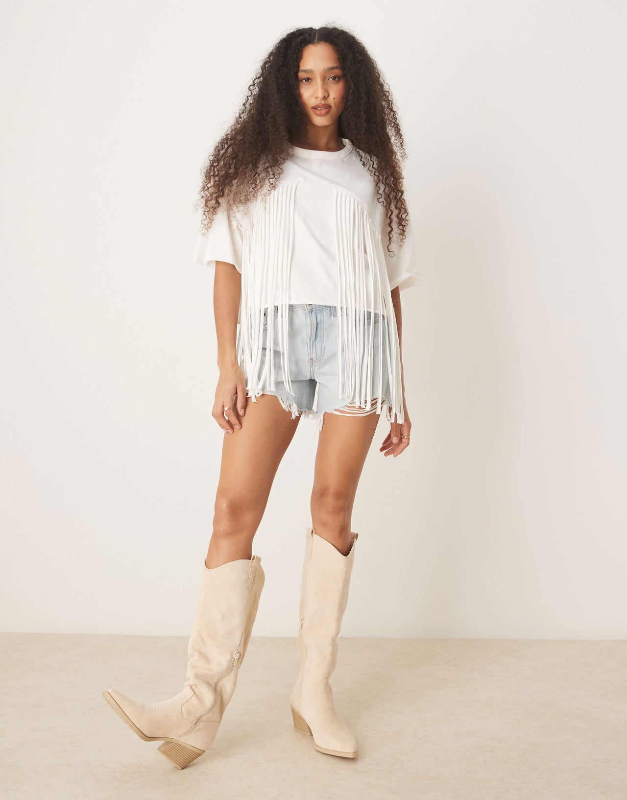 ASOS DESIGN boxy cropped t-shirt with fringe detail in cream