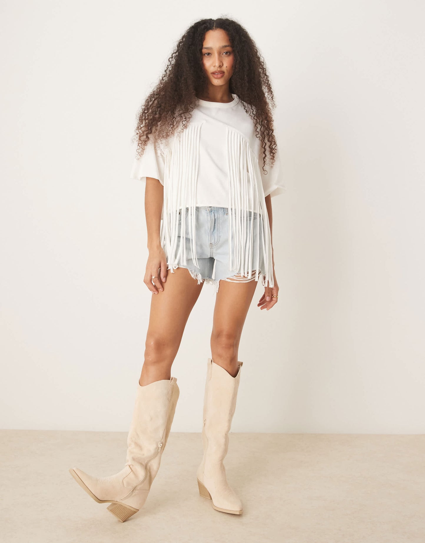 ASOS DESIGN boxy cropped t-shirt with fringe detail in cream