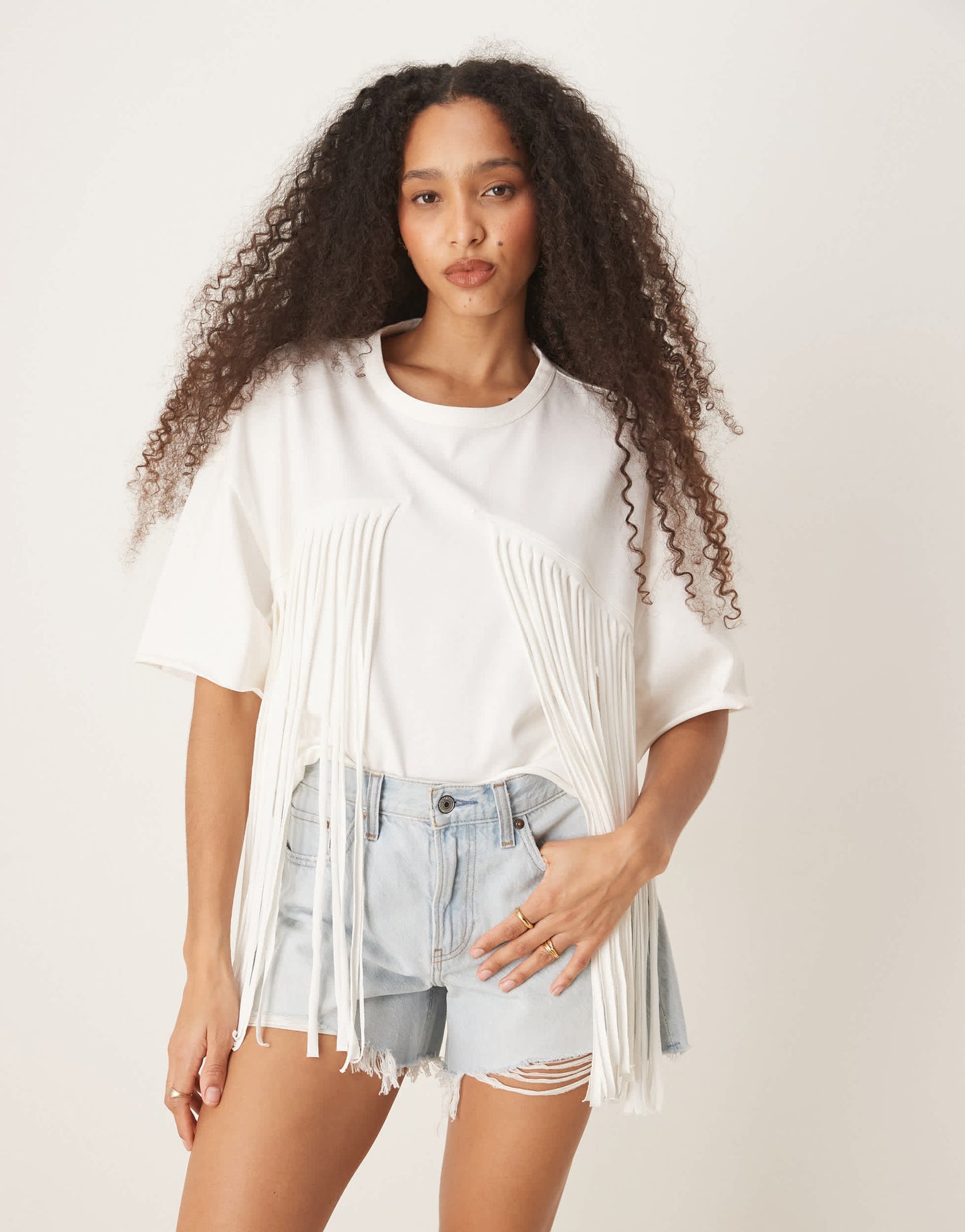 ASOS DESIGN boxy cropped t-shirt with fringe detail in cream