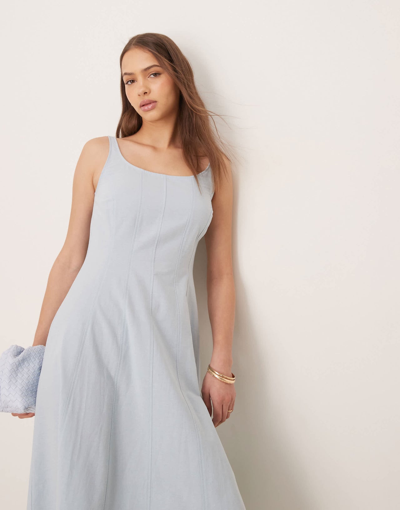 ASOS DESIGN square neck cotton linen maxi dress with seam detail in washed blue